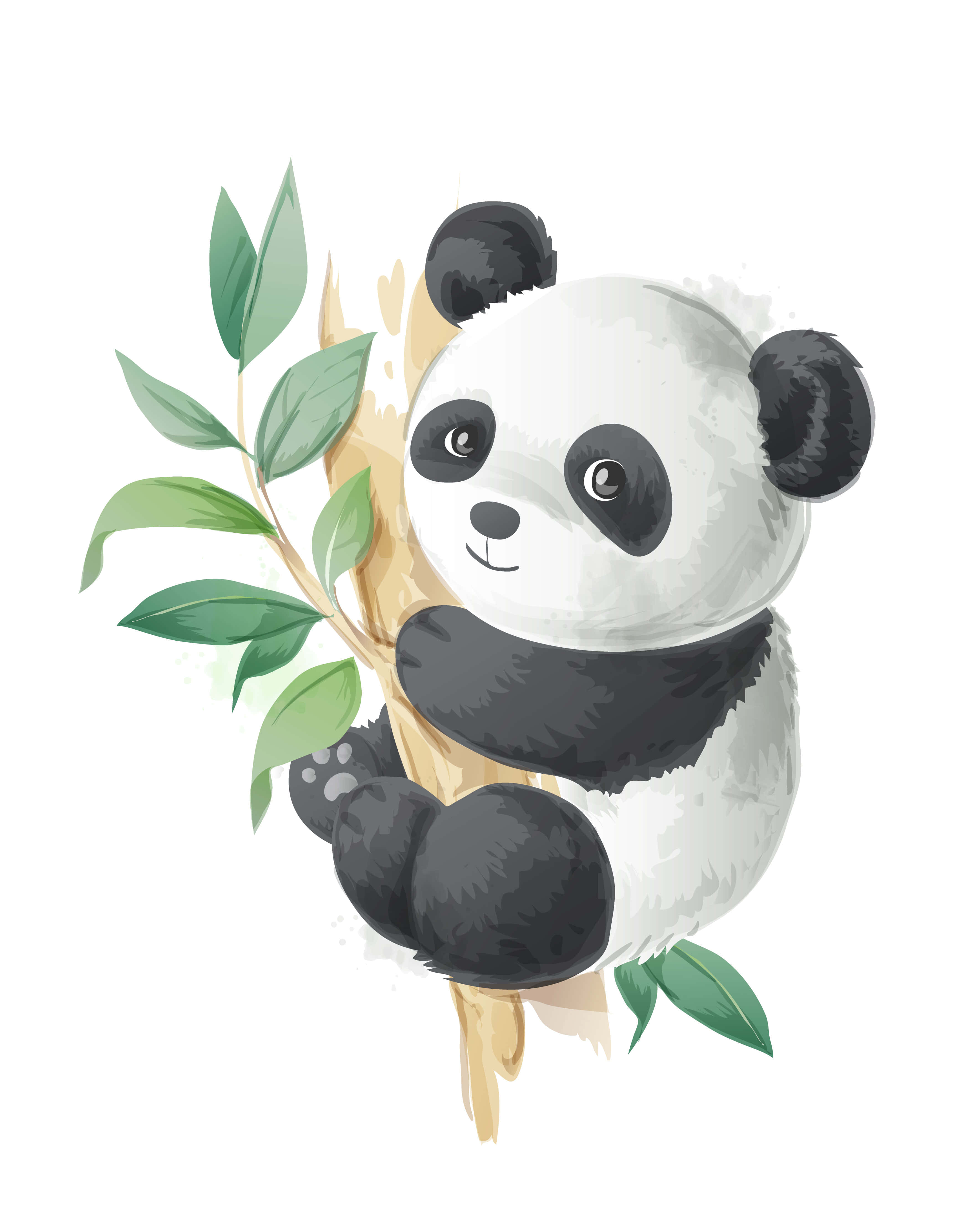 cute cartoon panda, bamboo stalk, green leaves, 4K Phone Wallpaper