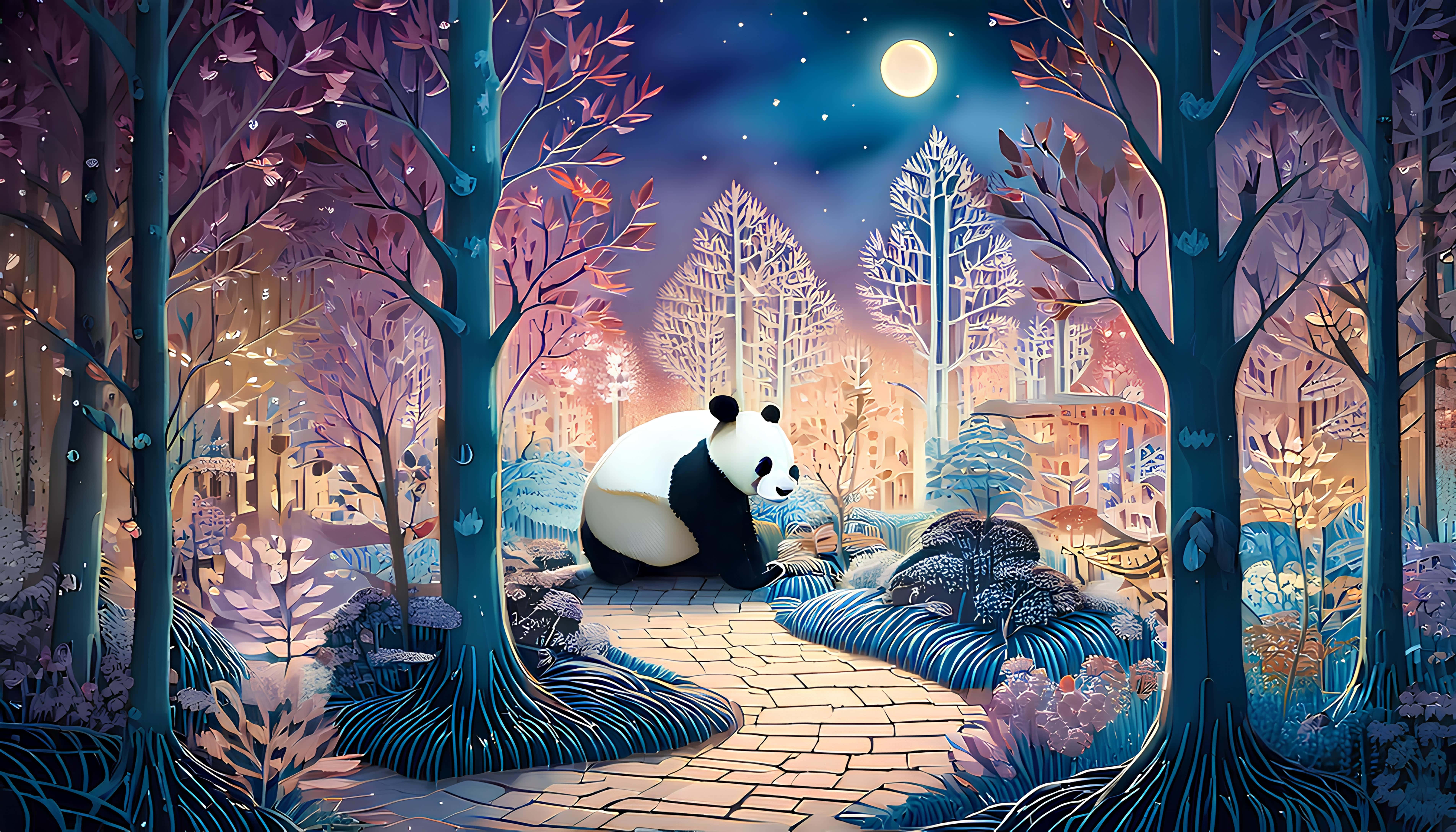 Panda, mystical forest, glowing moon, 5K Desktop Wallpaper