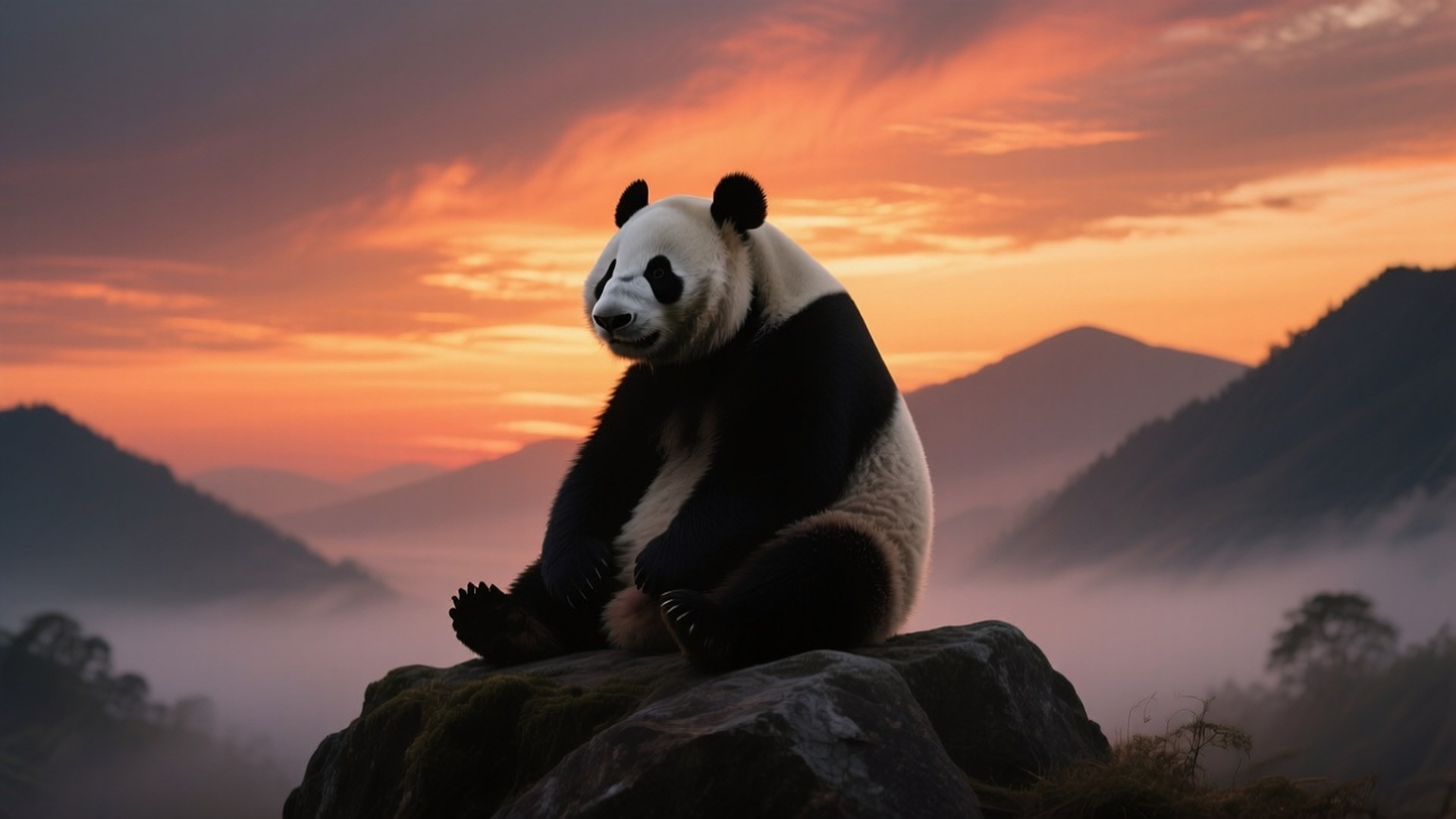 panda, mossy rock, fiery orange, Full HD Desktop Wallpaper