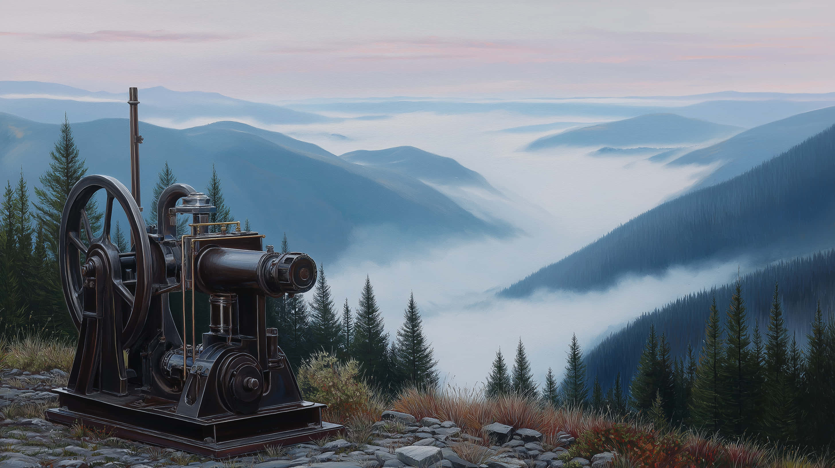 vintage machine, steam engine, mist-covered mountain valley, 2K Desktop Wallpaper