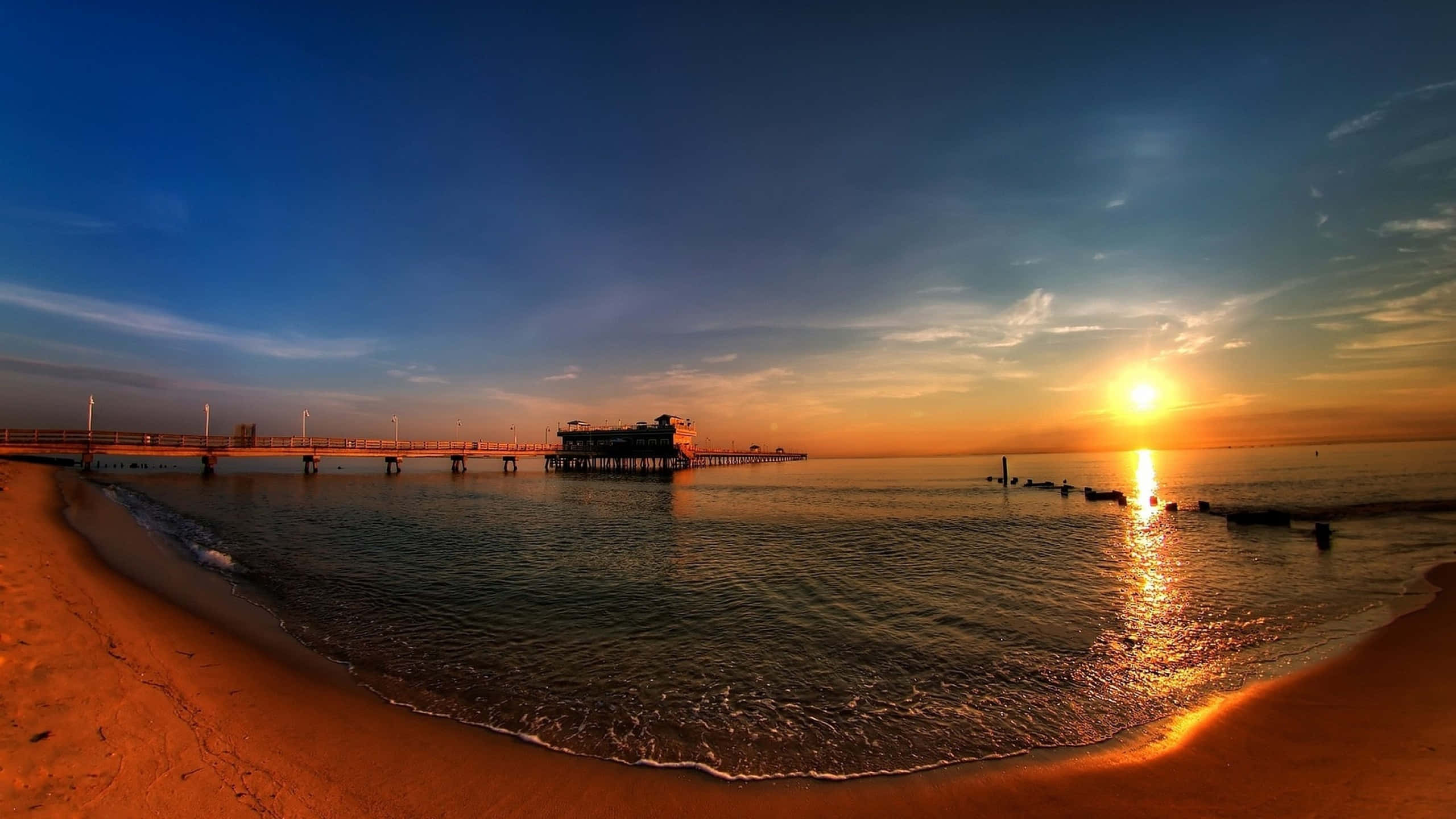 Panoramic Desktop, beach, pier, 2K Desktop Wallpaper