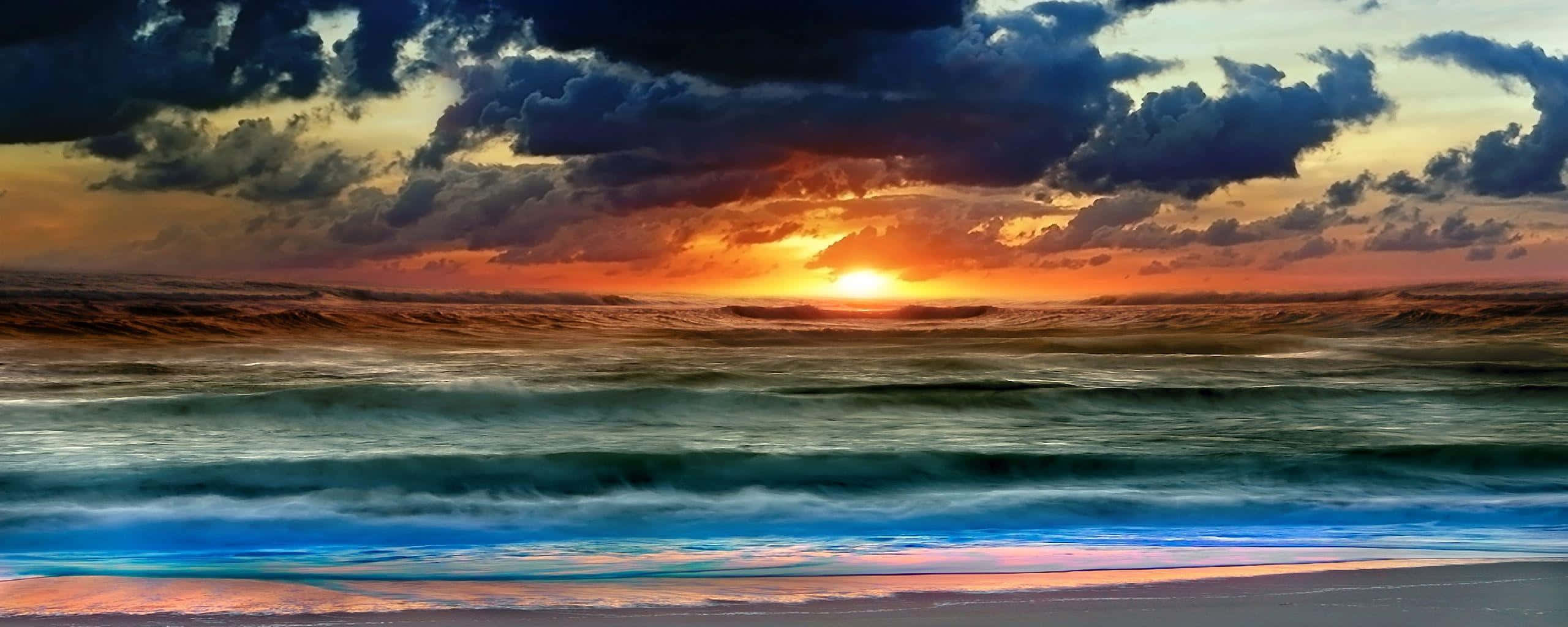 sunset, ocean, fiery orange clouds, 2K Desktop Wallpaper