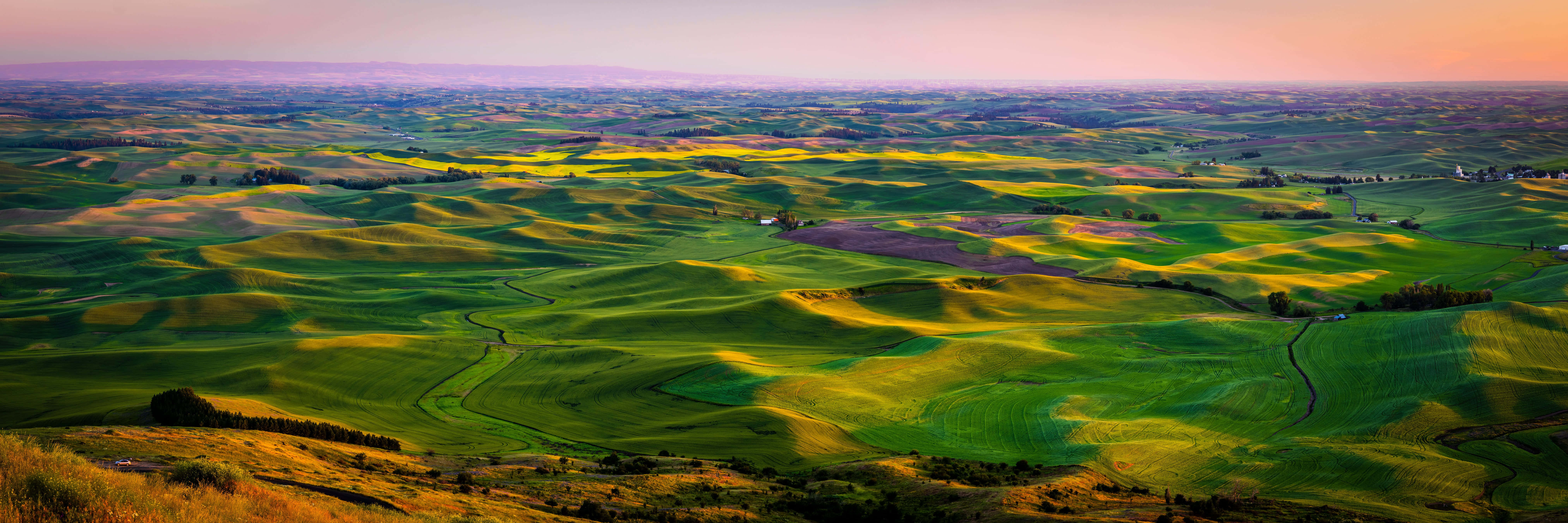 Green Hills And Valleys, Panoramic Desktop, soft pink and orange sunset sky, 8K Desktop Wallpaper