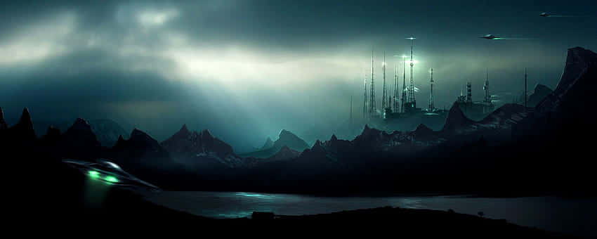 Panoramic Desktop, futuristic alien city, jagged mountains, SD Desktop Wallpaper