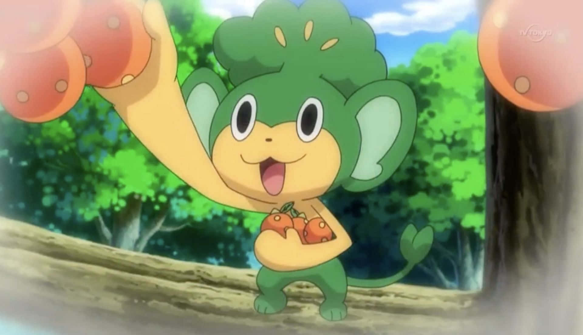 Pansage, green monkey Pokémon, red fruits, Full HD Desktop Wallpaper