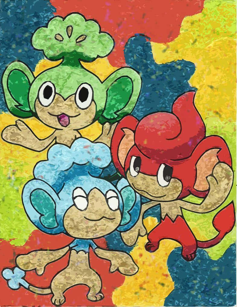 Pansage, cartoon monkey-like creatures, leafy hair, SD Phone Wallpaper