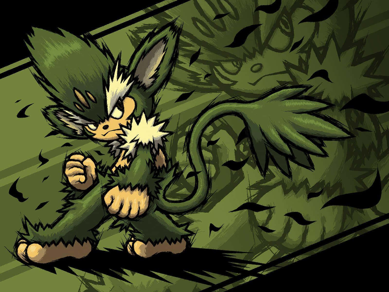 Pansage, green fox-like creature, glowing eyes, HD Desktop Wallpaper