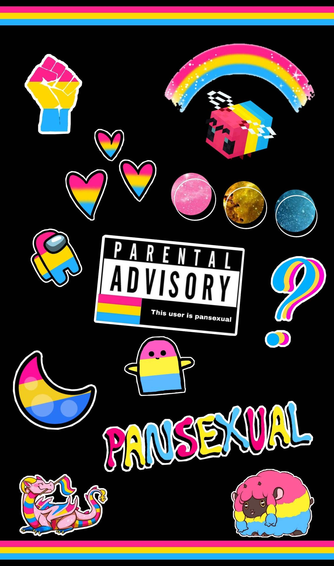 pansexual, neon rainbow icons, black background, Full HD Phone Wallpaper