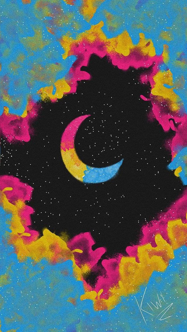 Pansexual Galaxy Nebula, crescent moon, yellow and blue, SD Phone Wallpaper