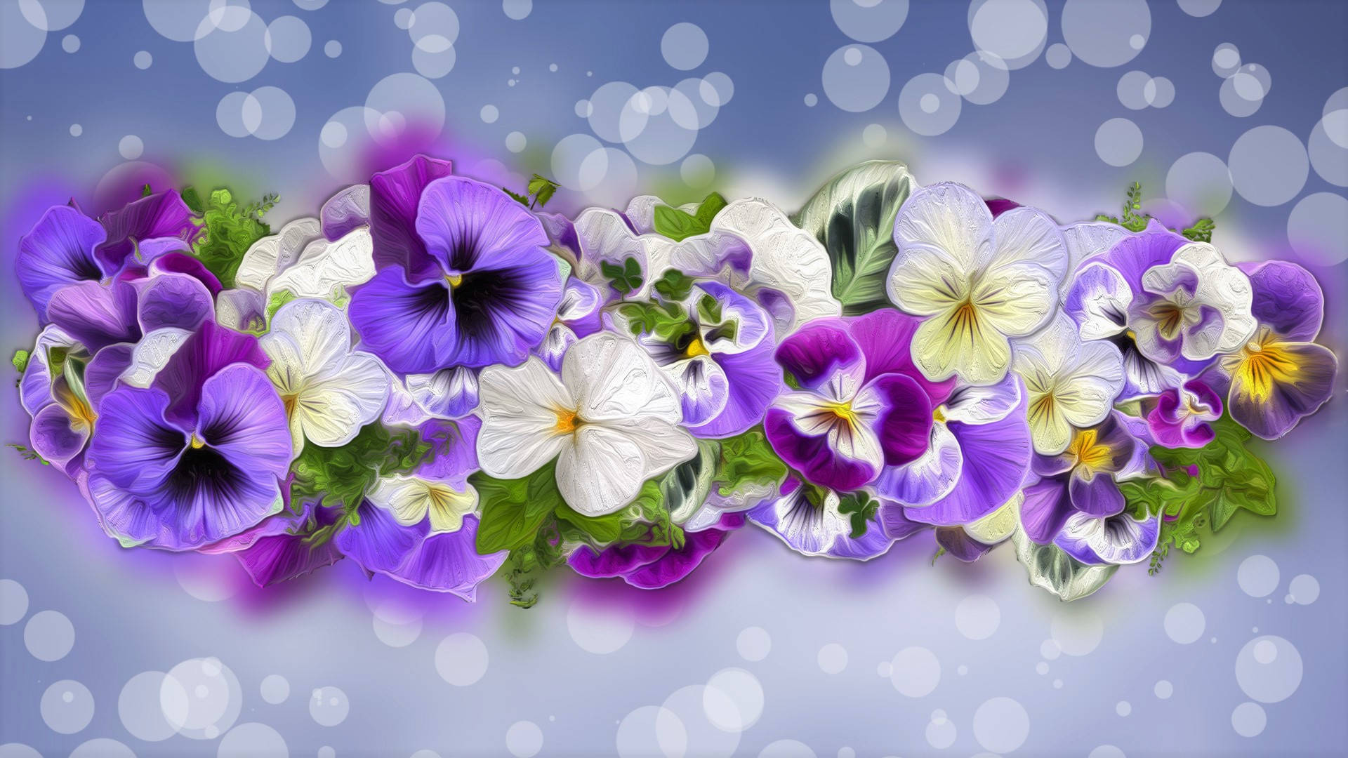 glossy pretty pansy, purple and white pansies, green leaves, Full HD Desktop Wallpaper