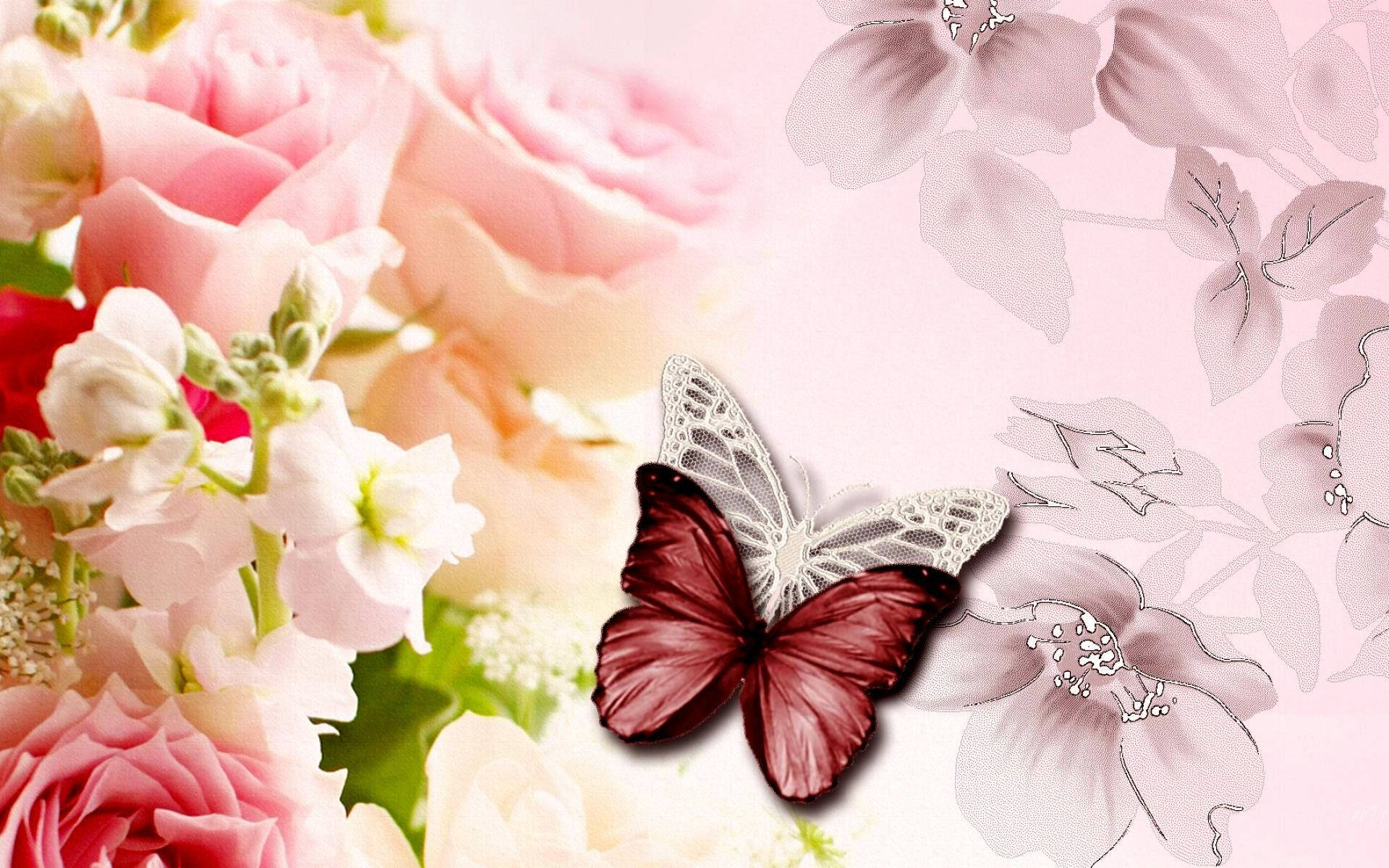 pink pansy, maroon butterfly, soft pink roses, Full HD Desktop Wallpaper