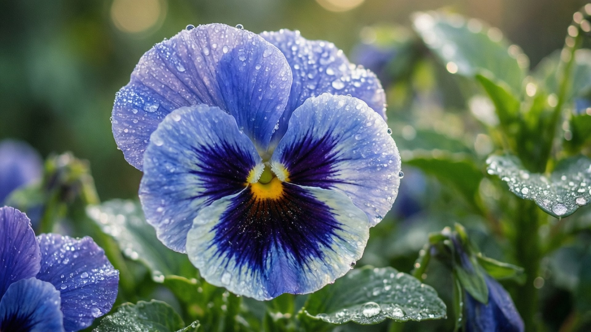 blue pansy, dew drops, soft sunlight, Full HD Desktop Wallpaper