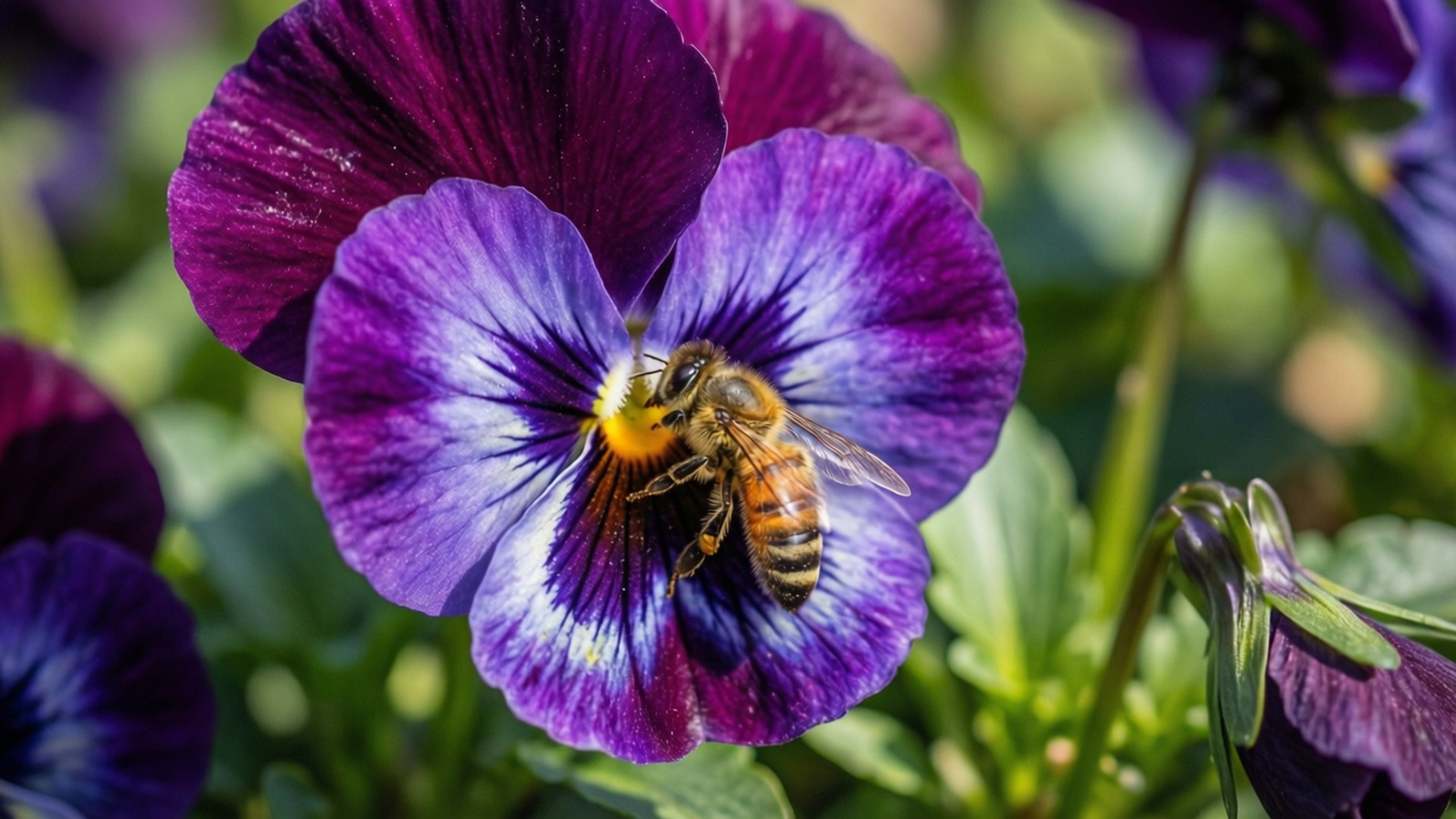 honeybee, vibrant purple pansy, yellow center, Full HD Desktop Wallpaper