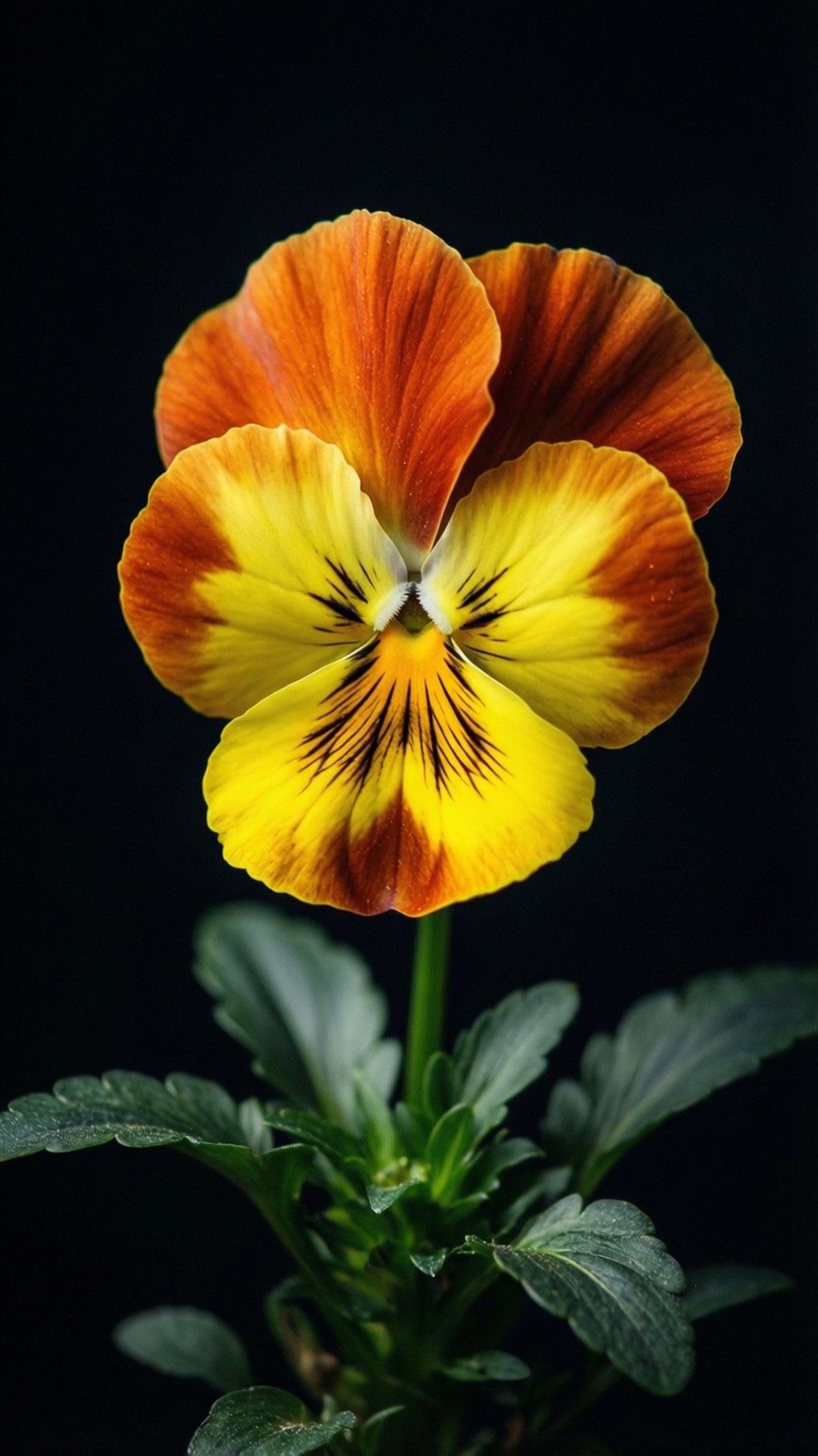 yellow pansy, dark center blooms, stark black background, Full HD Phone Wallpaper