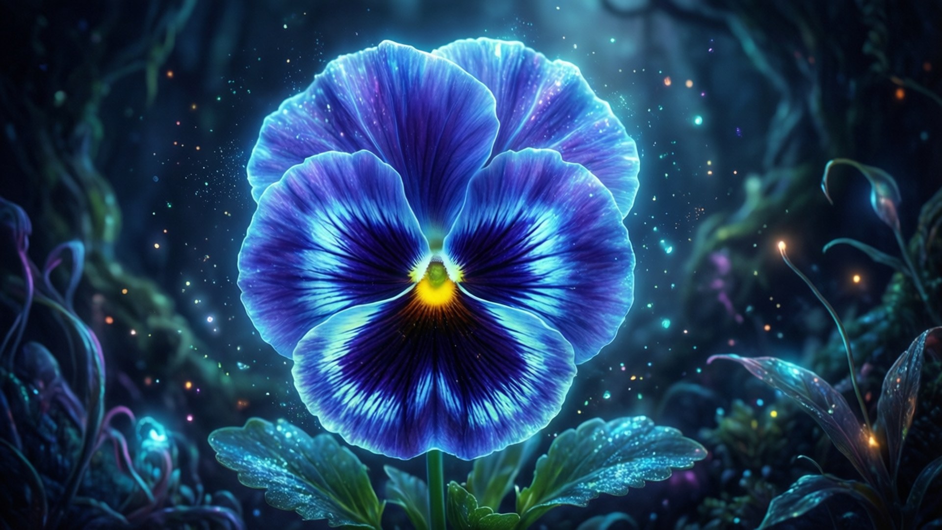 glowing blue pansy, yellow center, mystical forest, Full HD Desktop Wallpaper