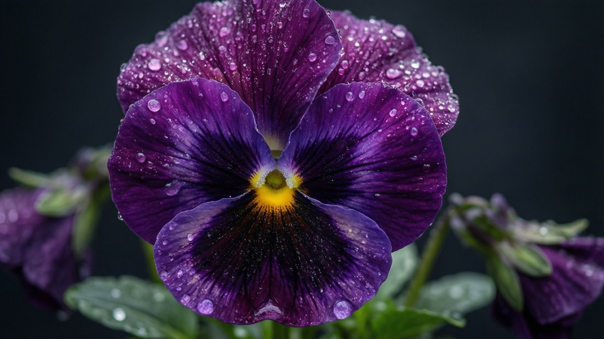 purple pansy, dew drops, glistening, Full HD Desktop Wallpaper