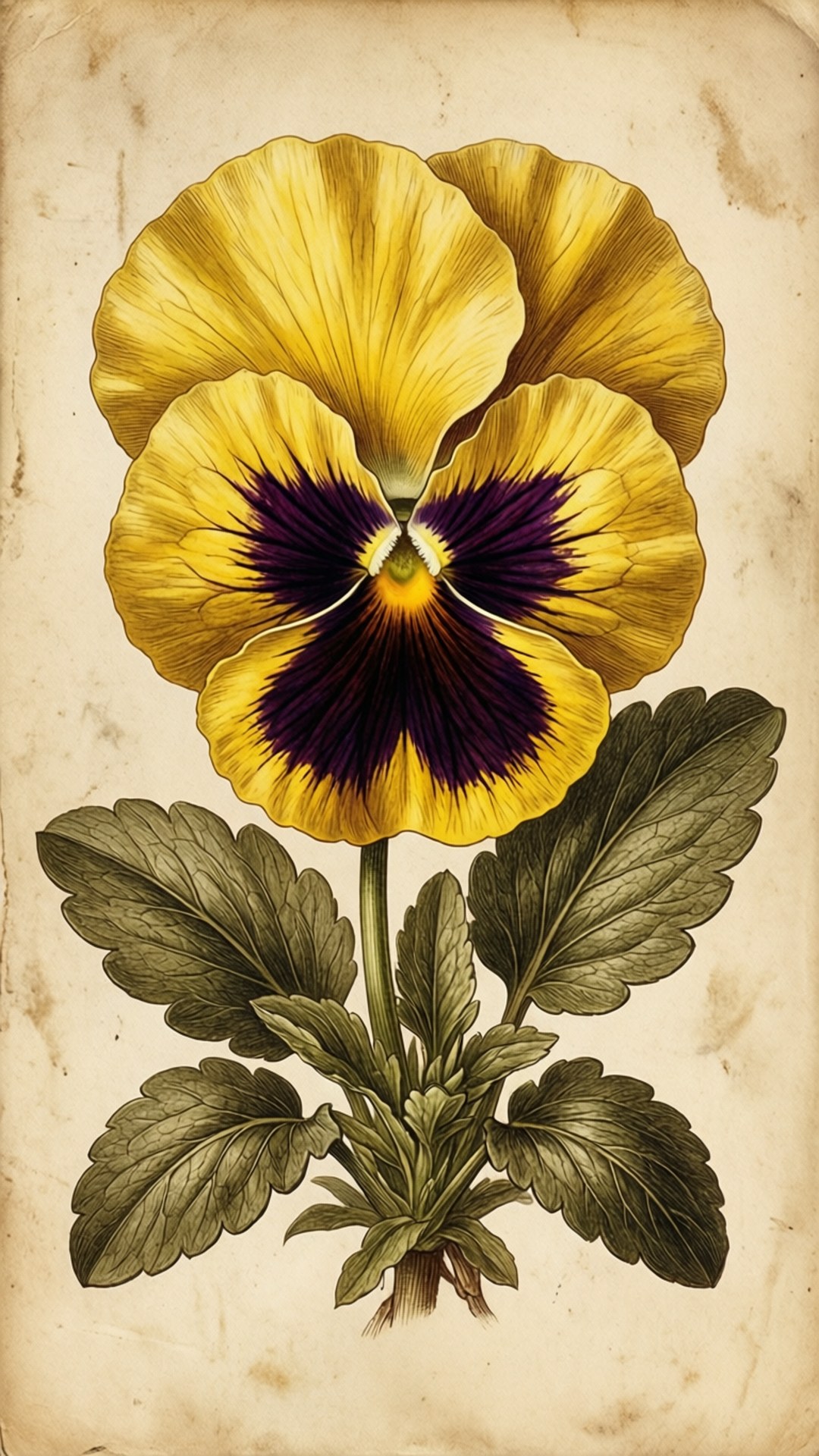 vintage botanical illustration, yellow pansy, deep purple center, Full HD Phone Wallpaper