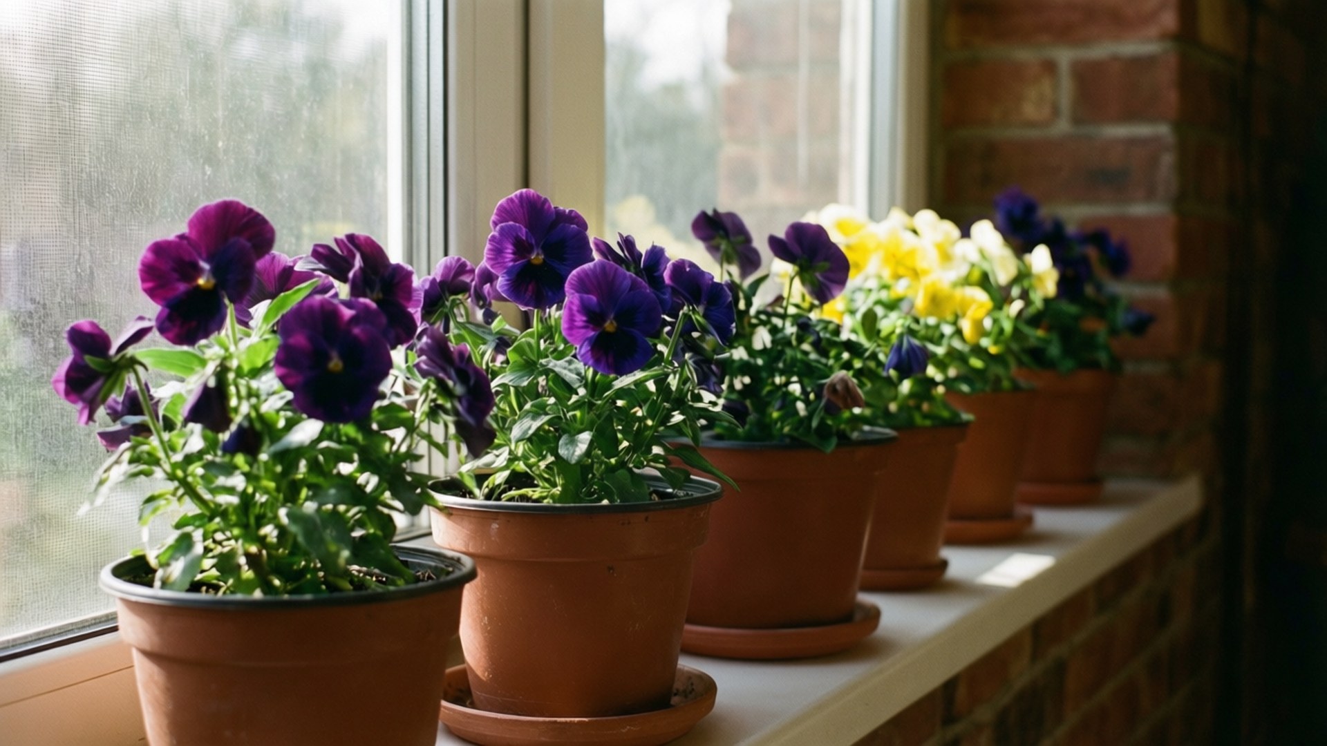 potted pansies, windowsill, terracotta pots, Full HD Desktop Wallpaper