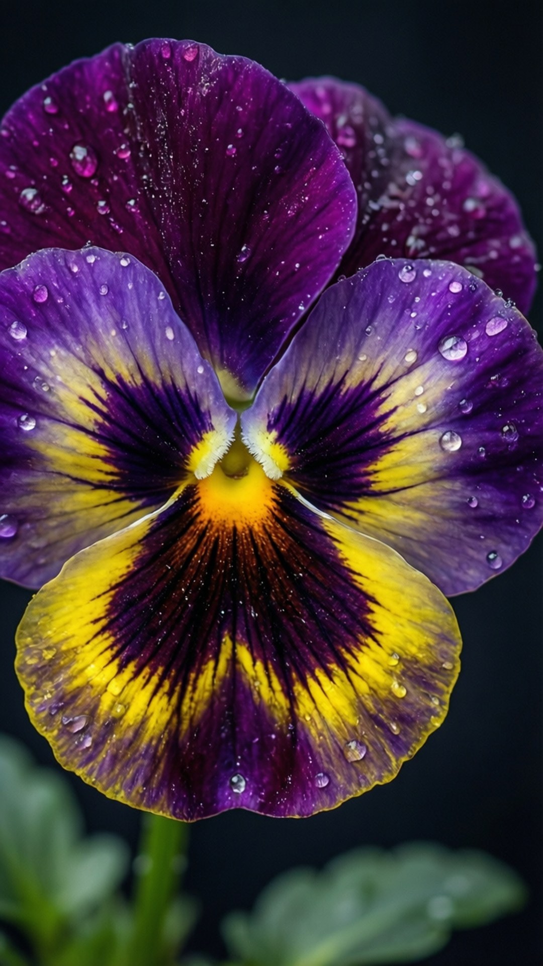 dewy purple pansy, vibrant purple and yellow pansy, dew drops glistening, Full HD Phone Wallpaper