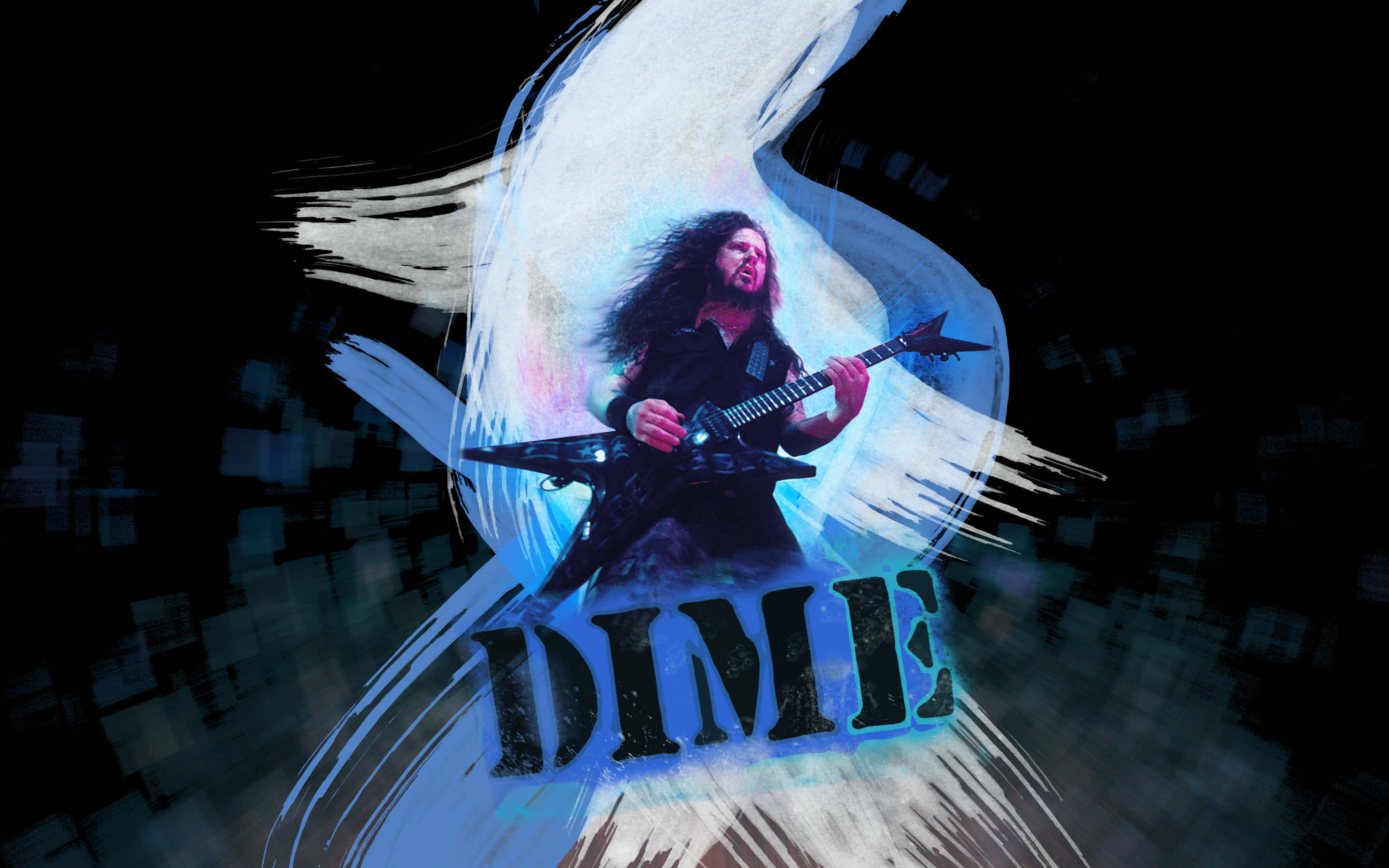 Pantera, black electric guitar, glowing blue-white brushstroke halo, 2K Desktop Wallpaper