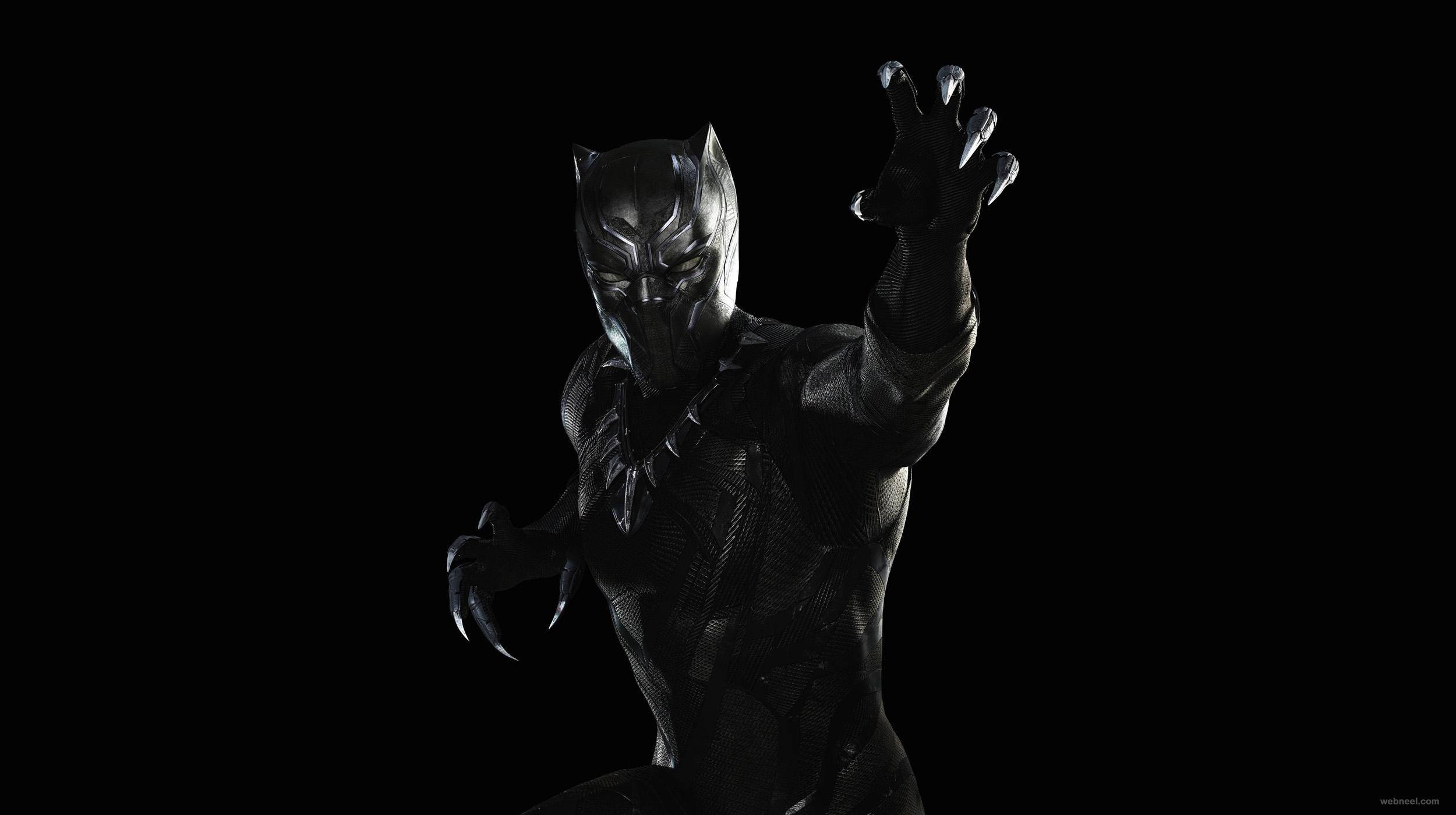 Black Panther, pure black background, glowing eyes, Full HD Desktop Wallpaper