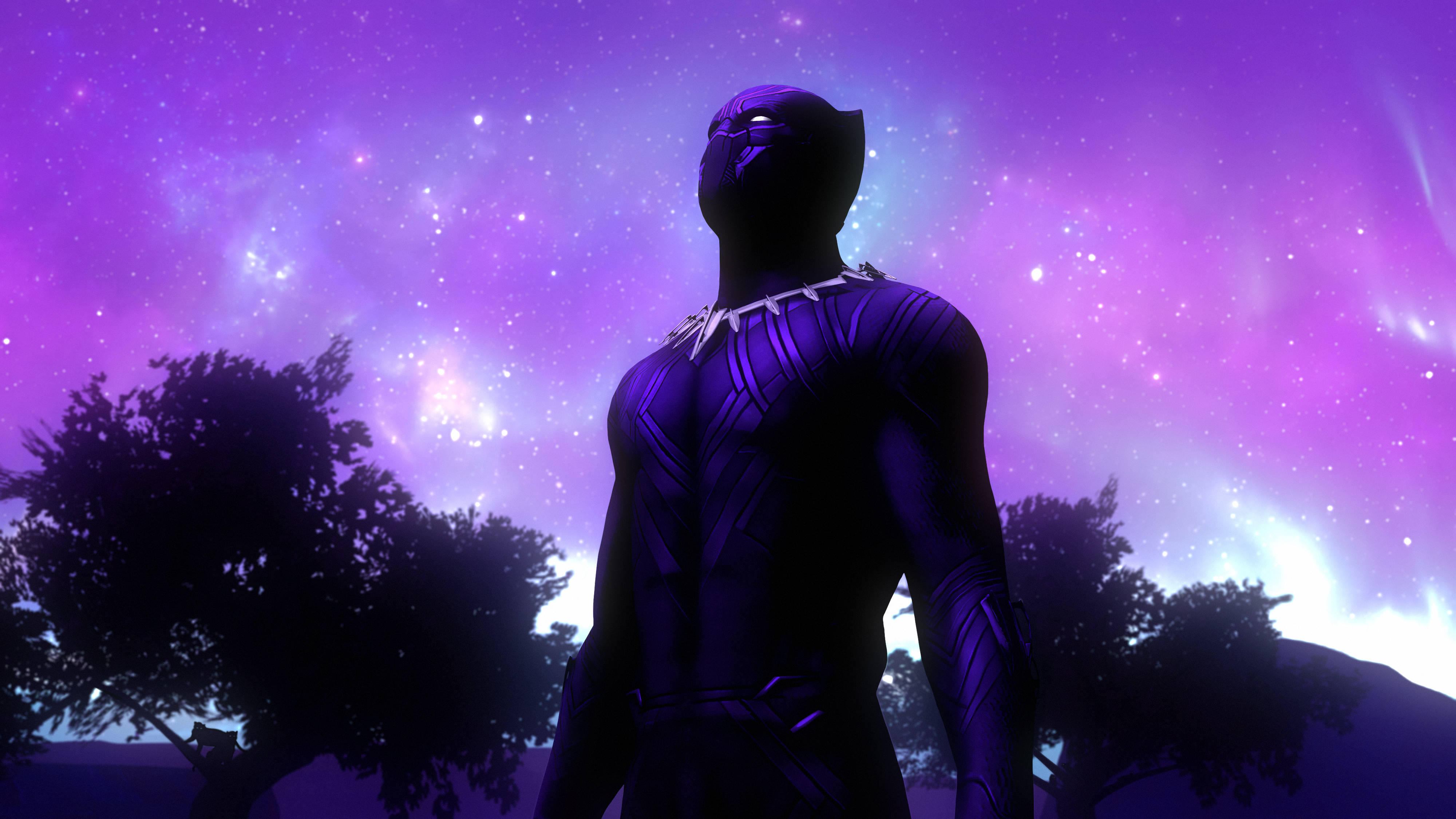 Black Panther, vibrant purple starry sky, glowing nebulae, 4K Desktop Wallpaper