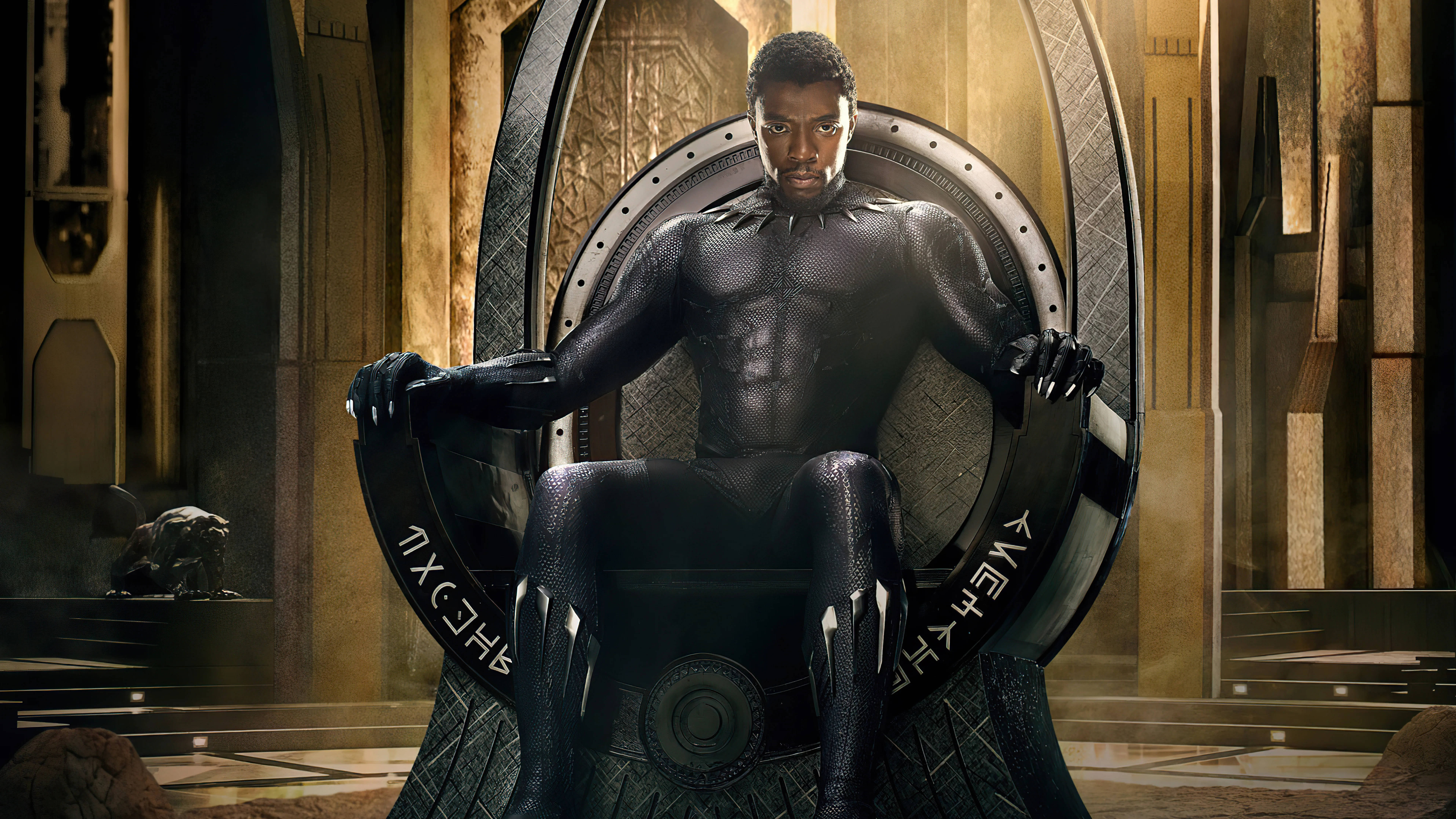 Black Panther, golden stone chamber, circular throne, 8K Desktop Wallpaper