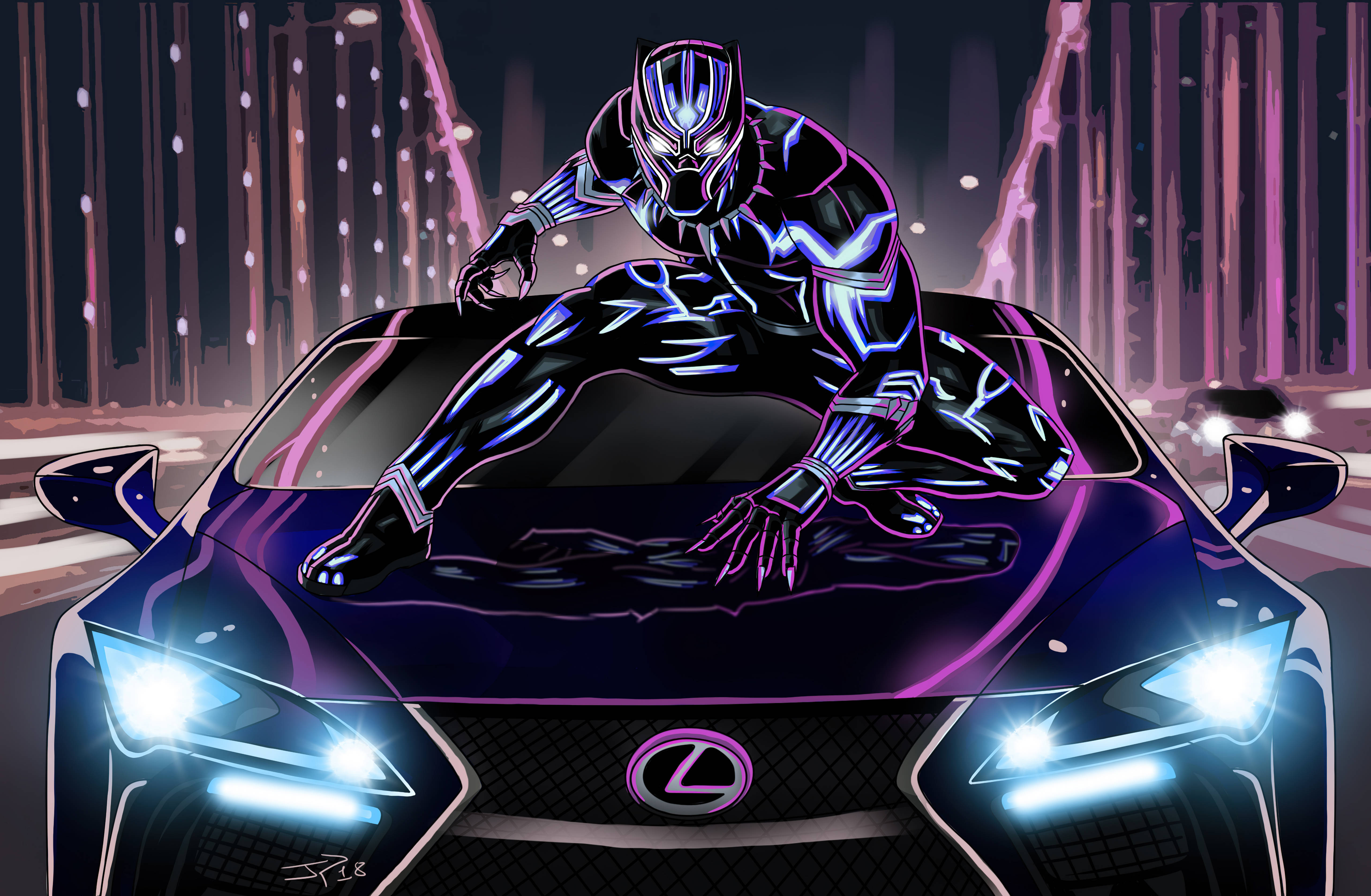 Black Panther, glowing purple Lexus, neon-drenched futuristic cityscape, 5K Desktop Wallpaper