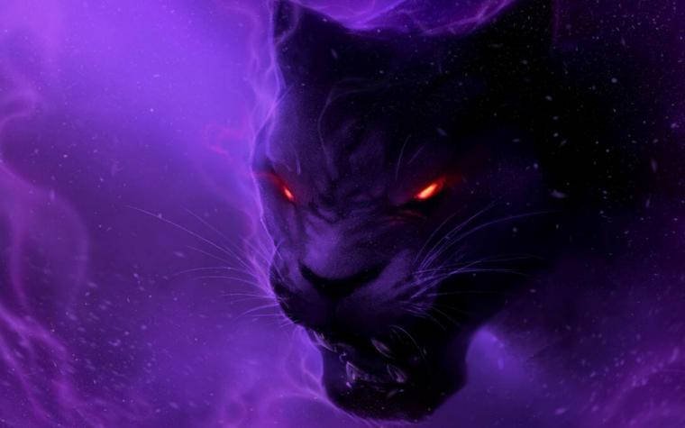 Black Panther, glowing red eyes, cosmic purple energy, SD Desktop Wallpaper