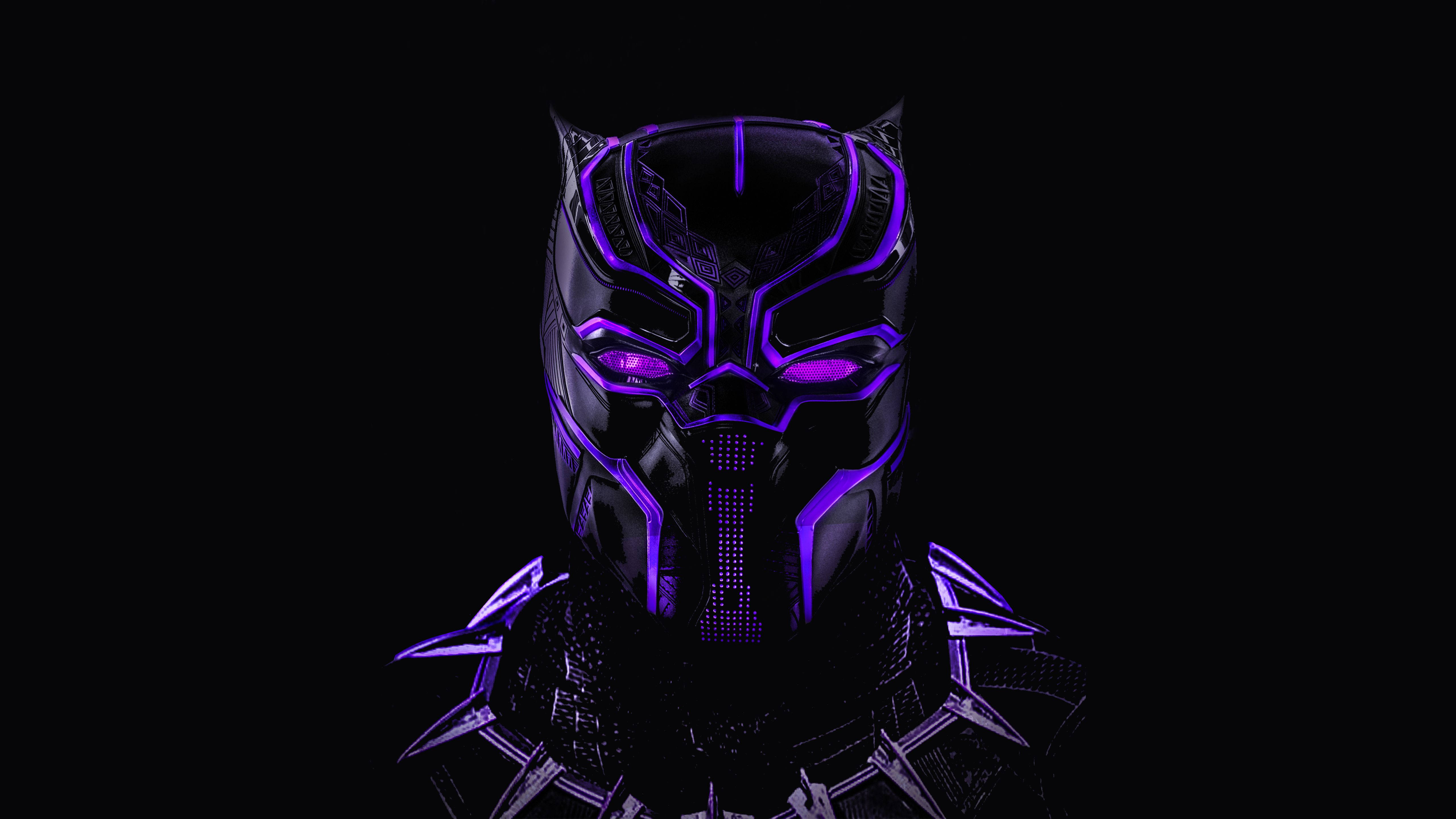 Black Panther, glowing purple armored mask, pure black background, 5K Desktop Wallpaper