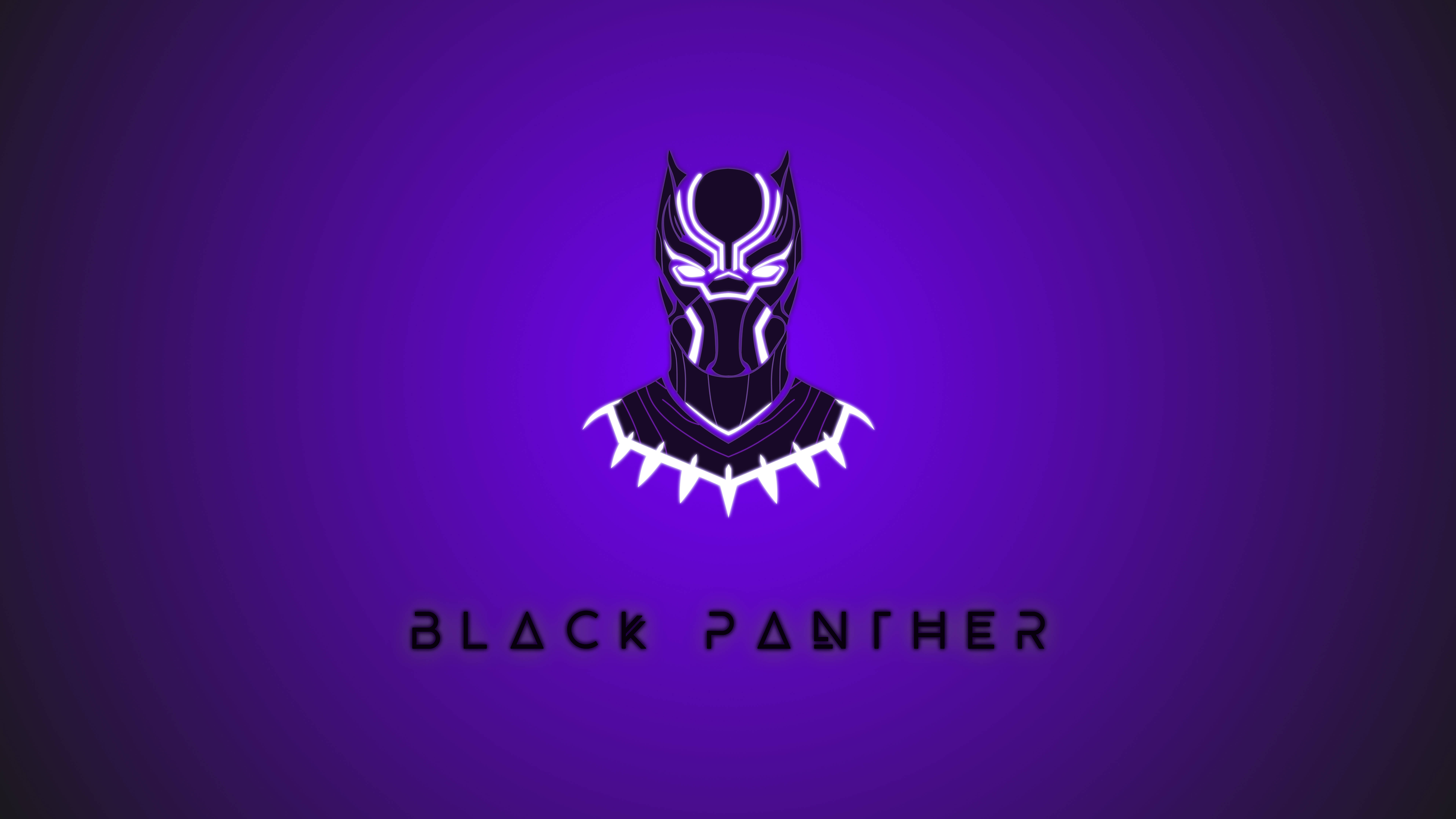 Black Panther, glowing black panther mask, white neon outlines, 8K Desktop Wallpaper