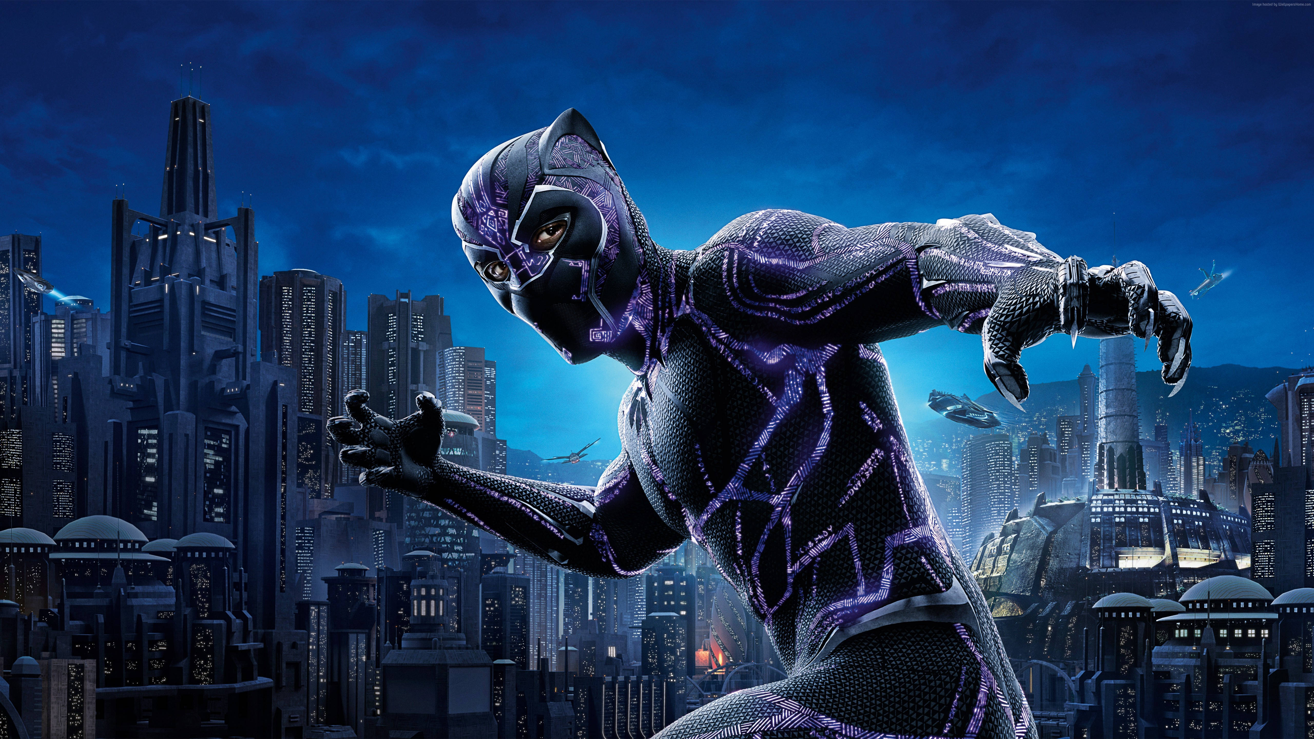 Black Panther, purple and black suit, futuristic city skyline, 5K Desktop Wallpaper