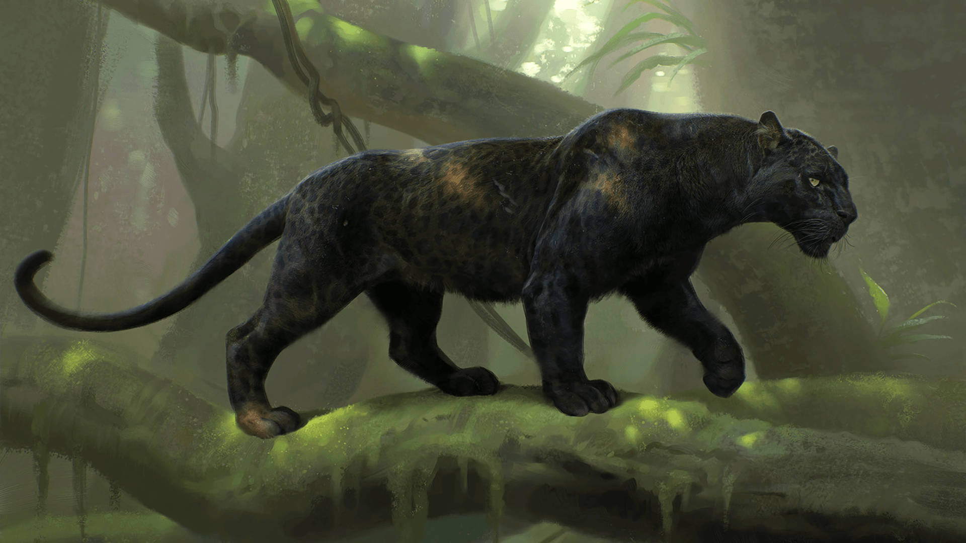 Black Panther, glowing eyes, mossy jungle branch, Full HD Desktop Wallpaper