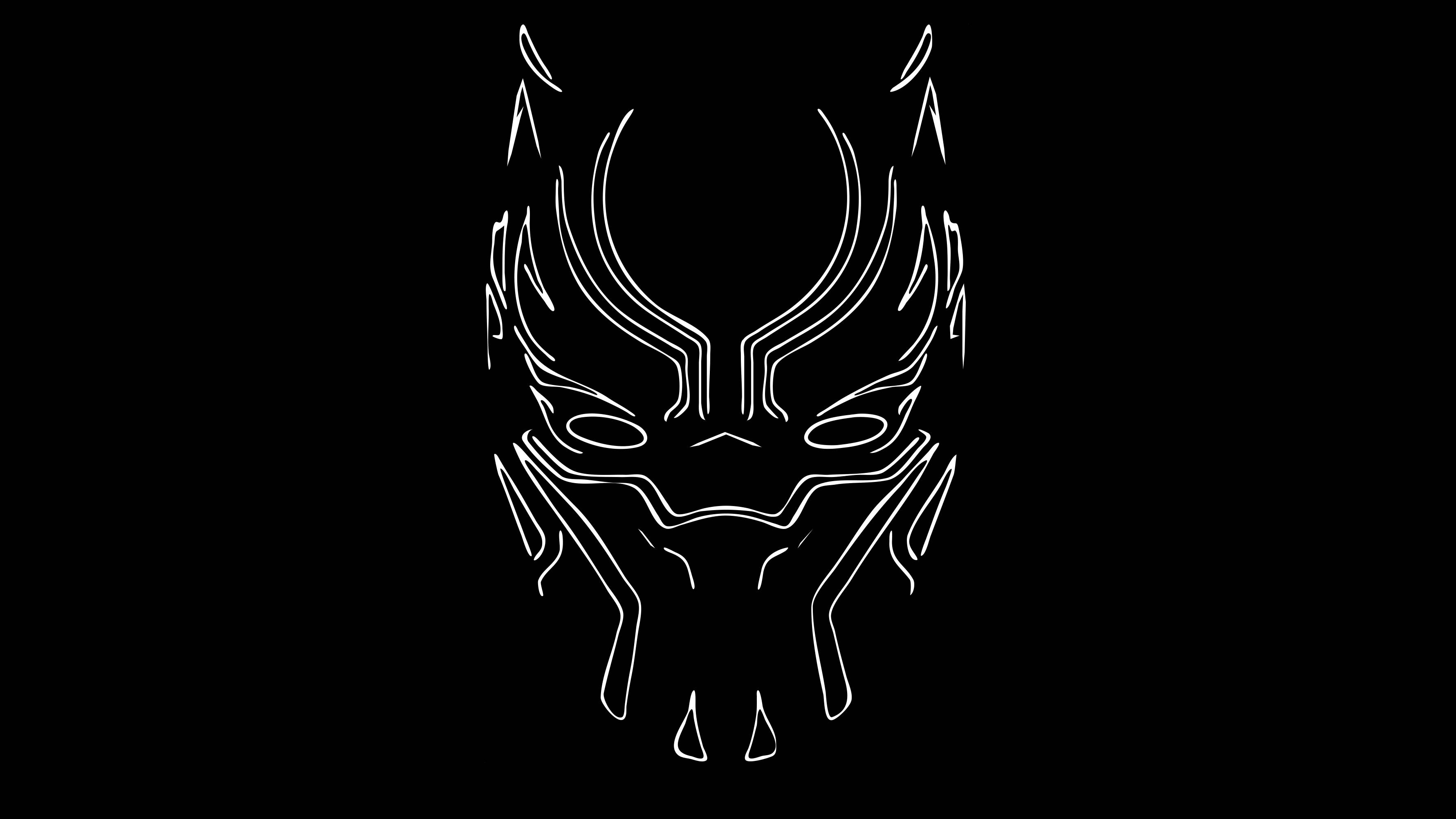 Black Panther, mask, white line-art outline, 2K Desktop Wallpaper