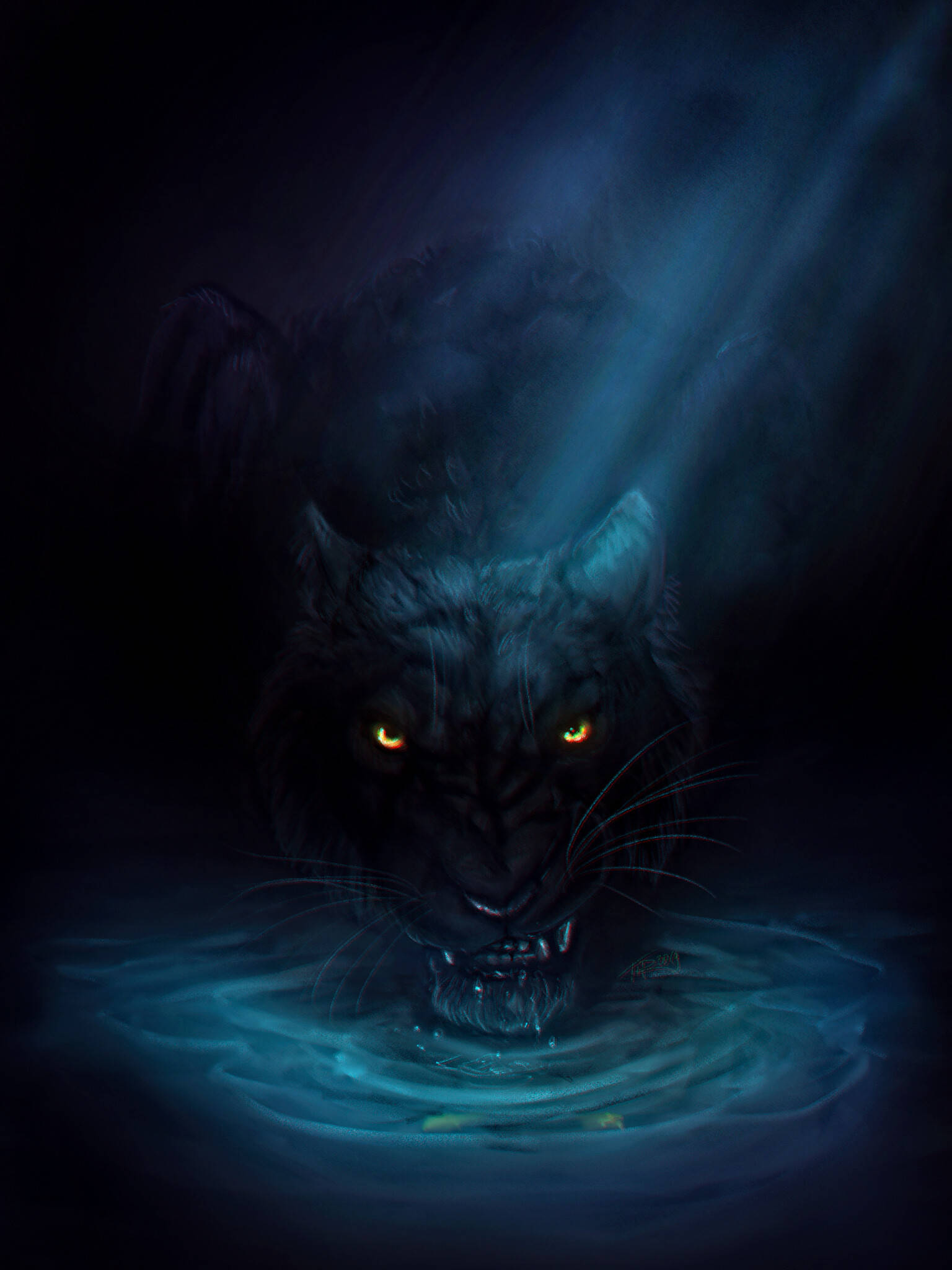 black panther, glowing orange eyes, dark blue water, Full HD Phone Wallpaper
