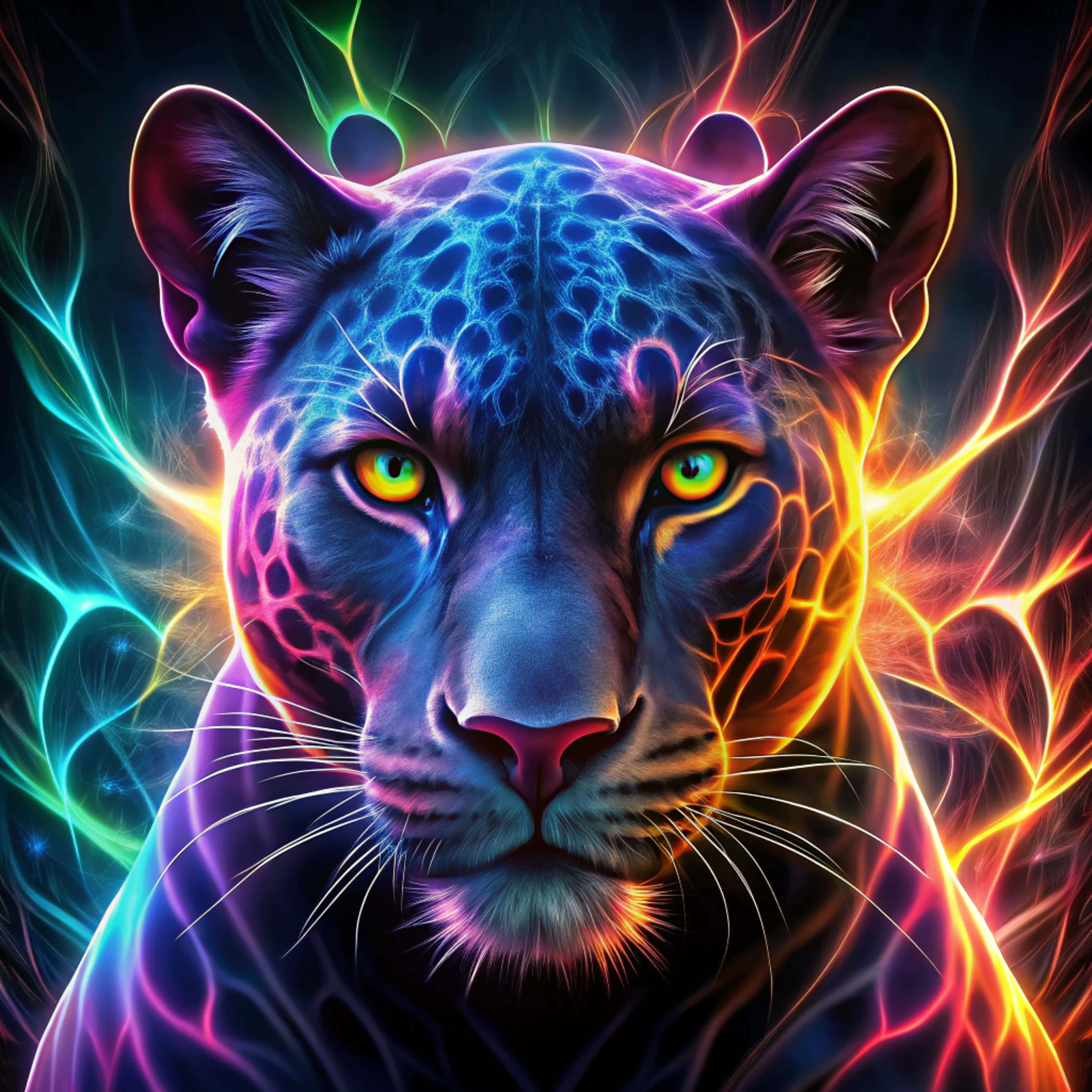 Panther, neon-lit, glowing yellow eyes, 8K Desktop Wallpaper