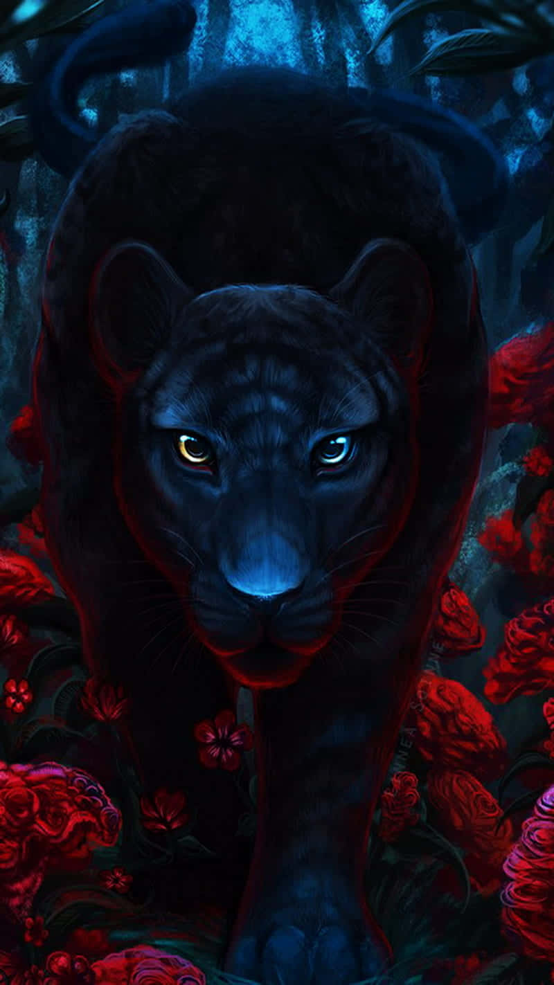 black panther, glowing eyes, vibrant red roses, HD Phone Wallpaper