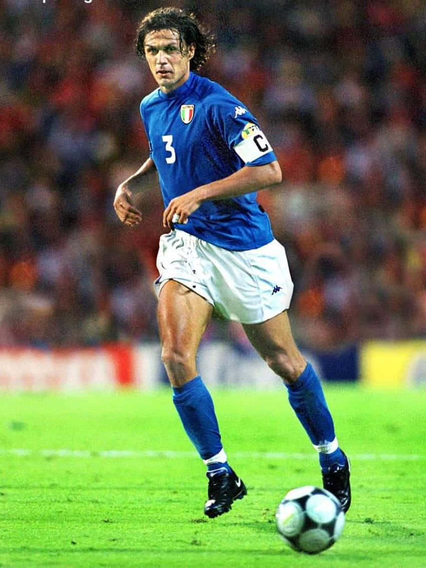 Paolo Maldini, blue jersey, black and white ball, SD Phone Wallpaper