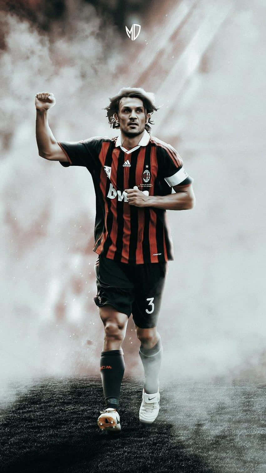 Paolo Maldini, red and black striped jersey, fist triumphantly, HD Phone Wallpaper