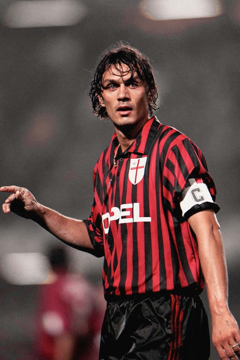 Paolo Maldini, red and black striped jersey, stadium lights, SD Phone Wallpaper