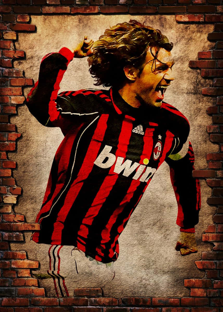 Paolo Maldini, red and black striped jersey, brick wall, SD Phone Wallpaper