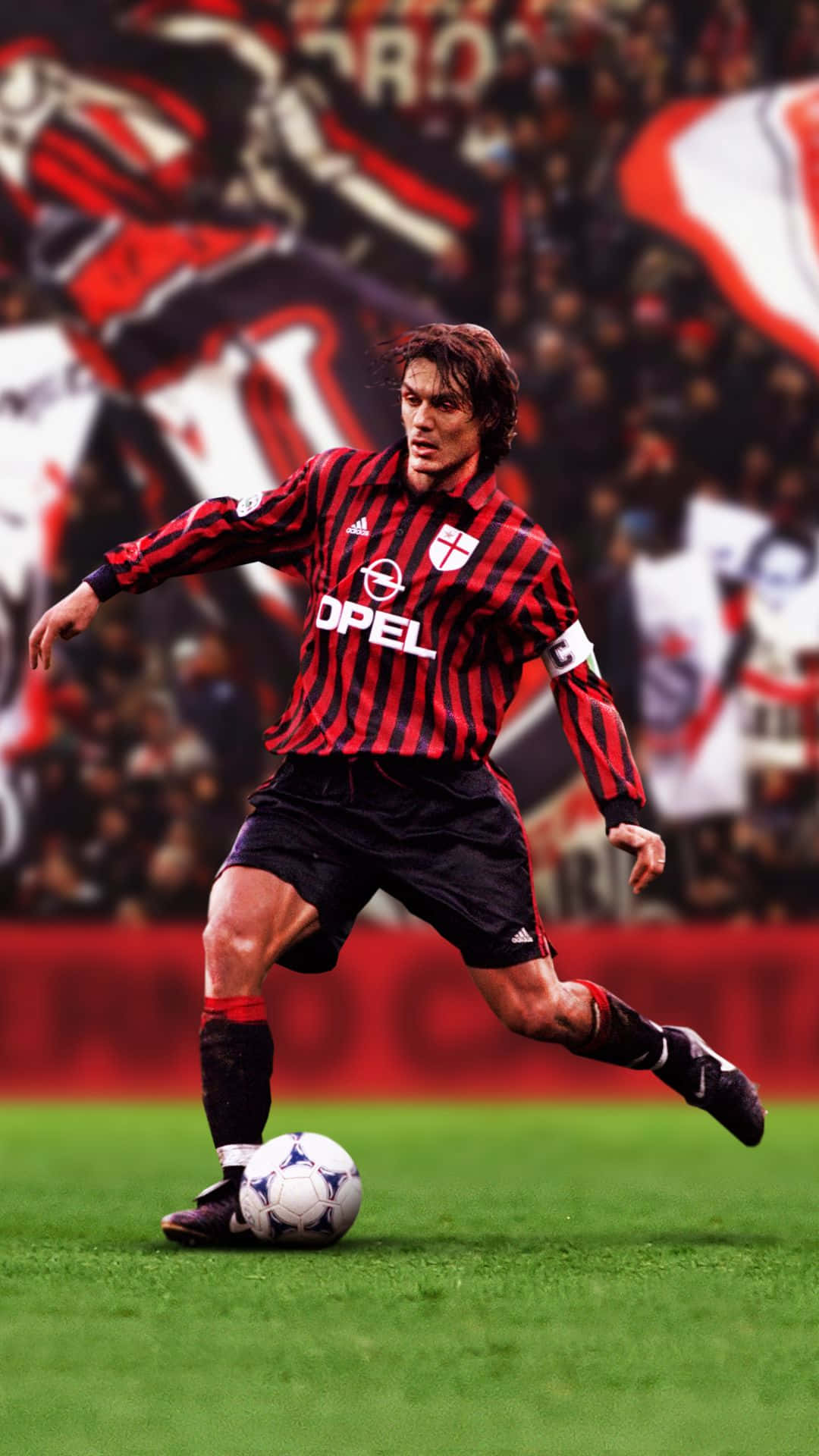 Paolo Maldini, red and black striped jersey, green pitch, Full HD Phone Wallpaper