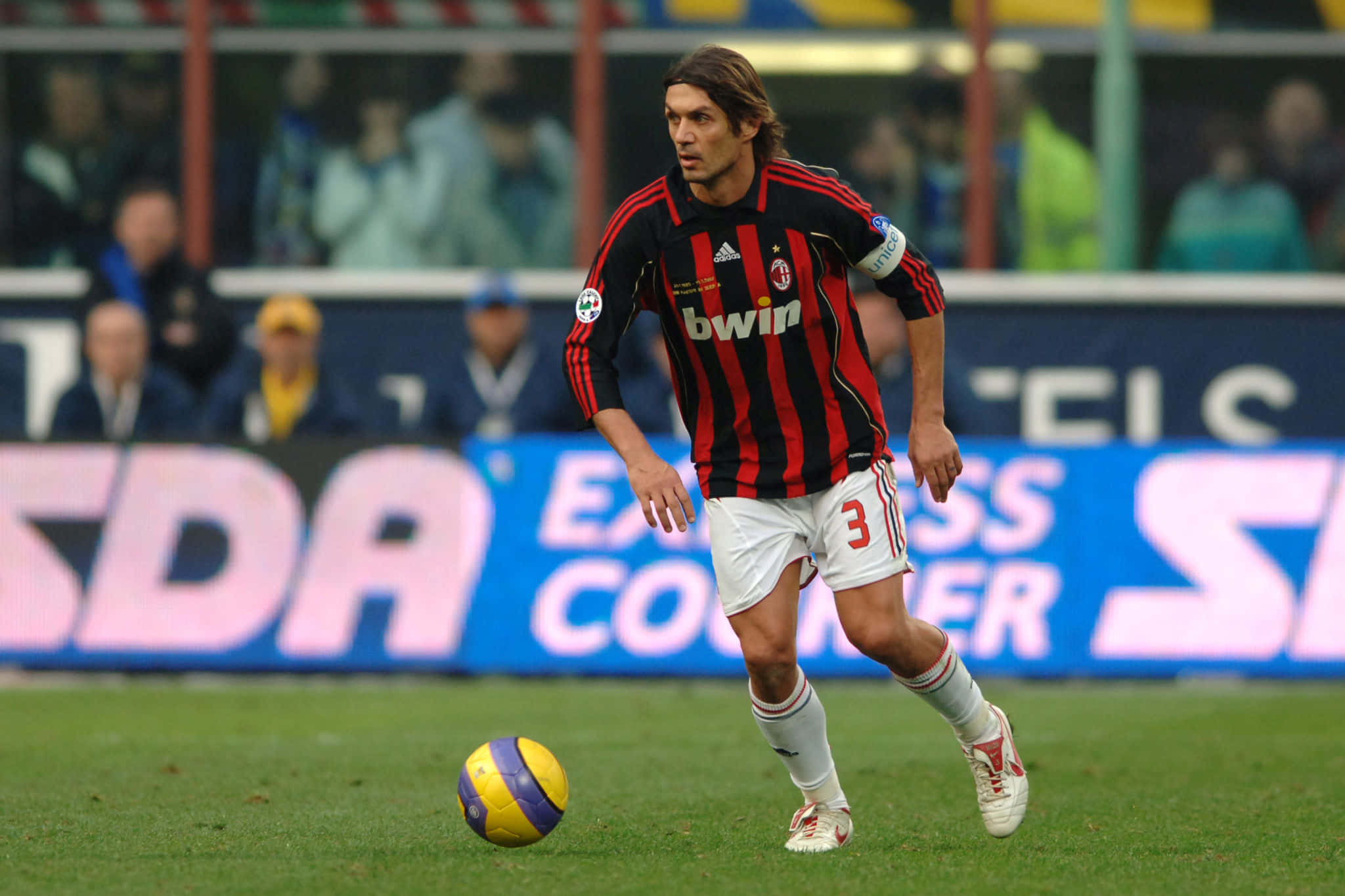 Paolo Maldini, red and black striped jersey, yellow and purple ball, Full HD Desktop Wallpaper