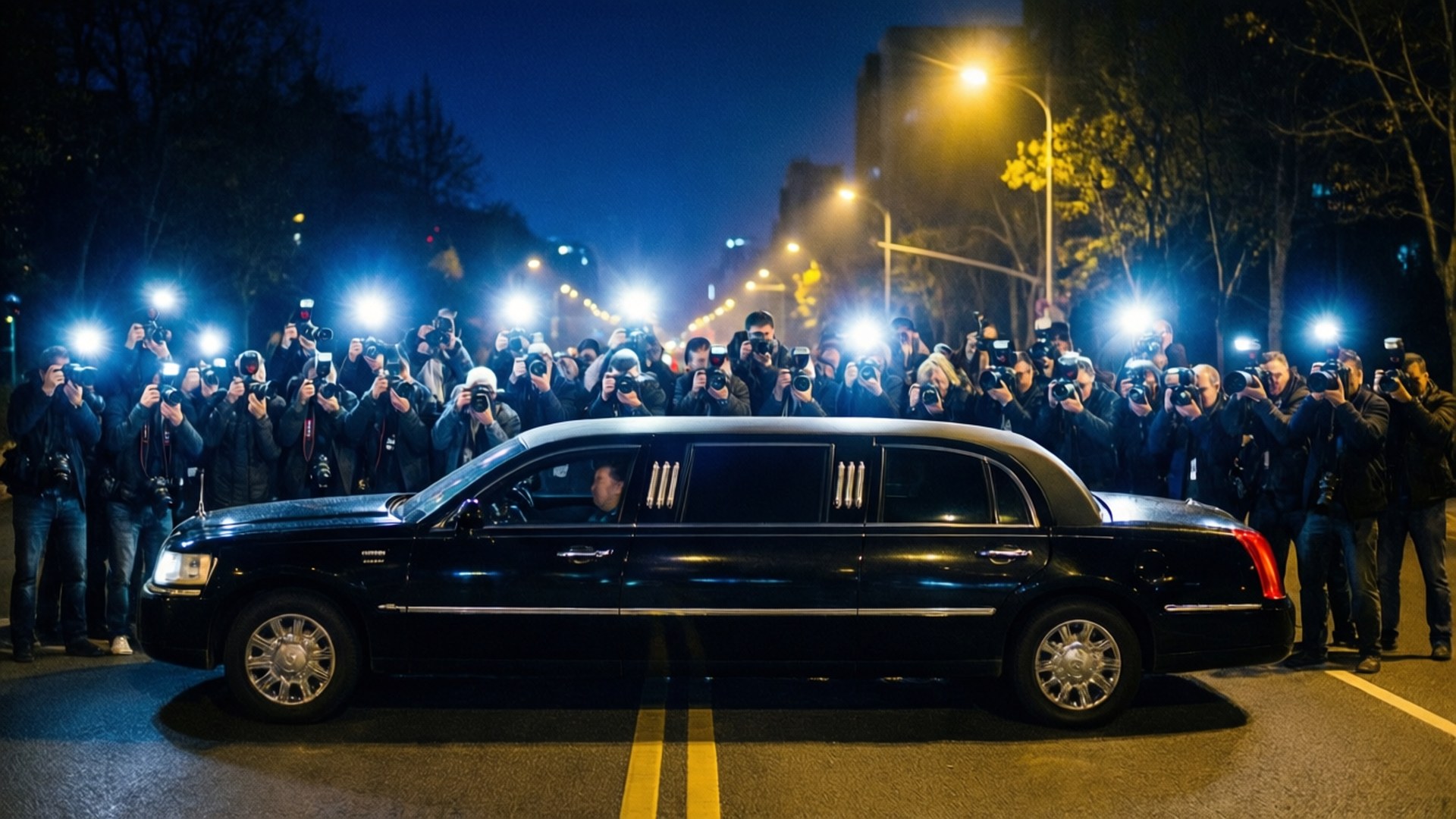 Paparazzi, Night, Black limousine, Full HD Desktop Wallpaper