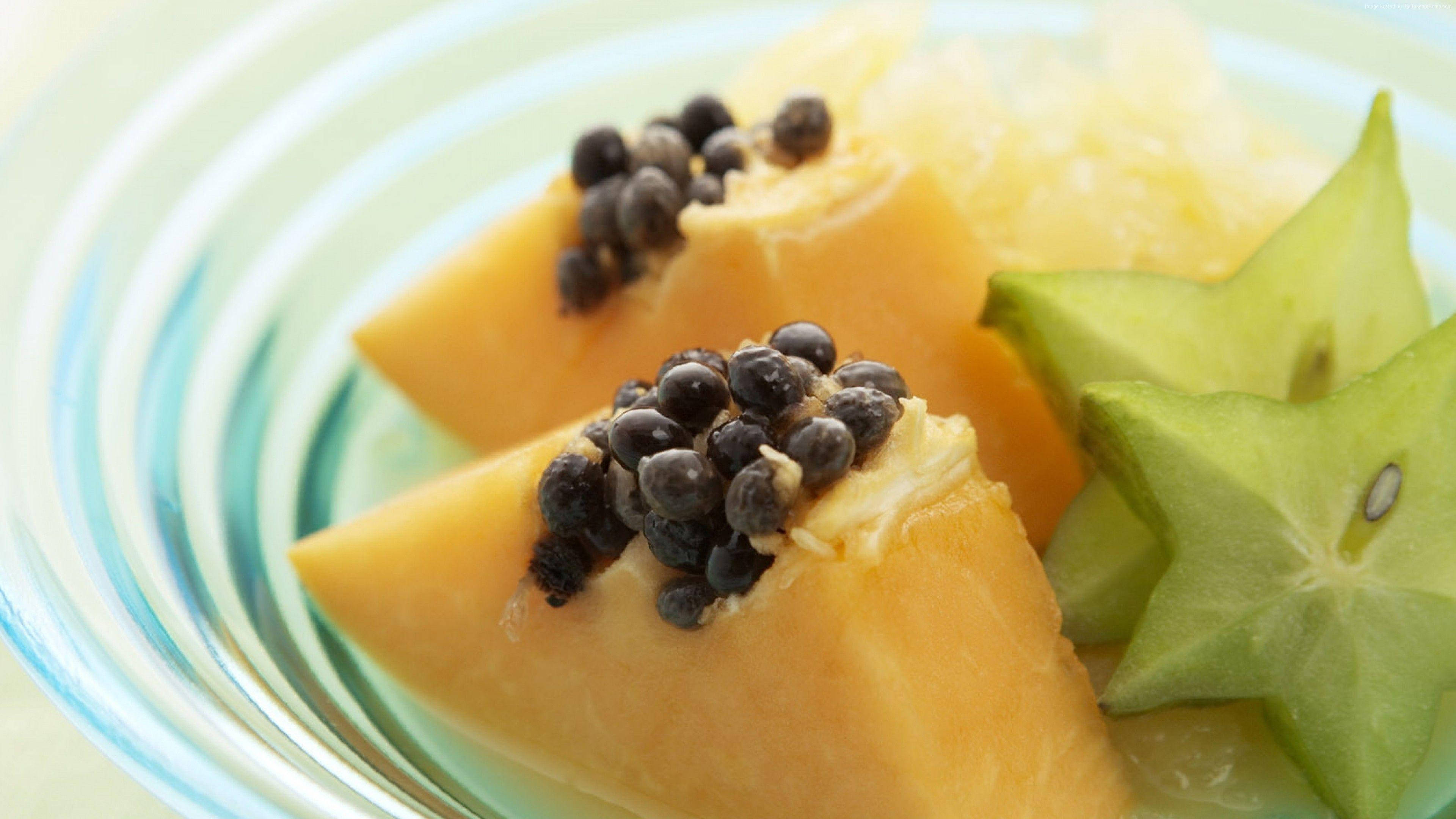 papaya, starfruit, glass bowl, 4K Desktop Wallpaper