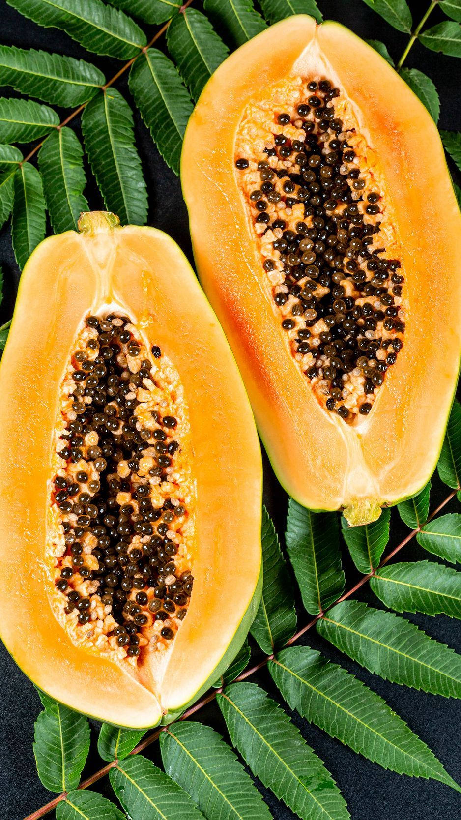 papaya fruit, black seeds, vibrant green leaves, HD Phone Wallpaper