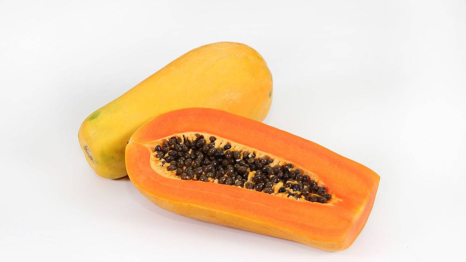 sliced papaya fruits, black seeds, juicy orange flesh, HD Desktop Wallpaper
