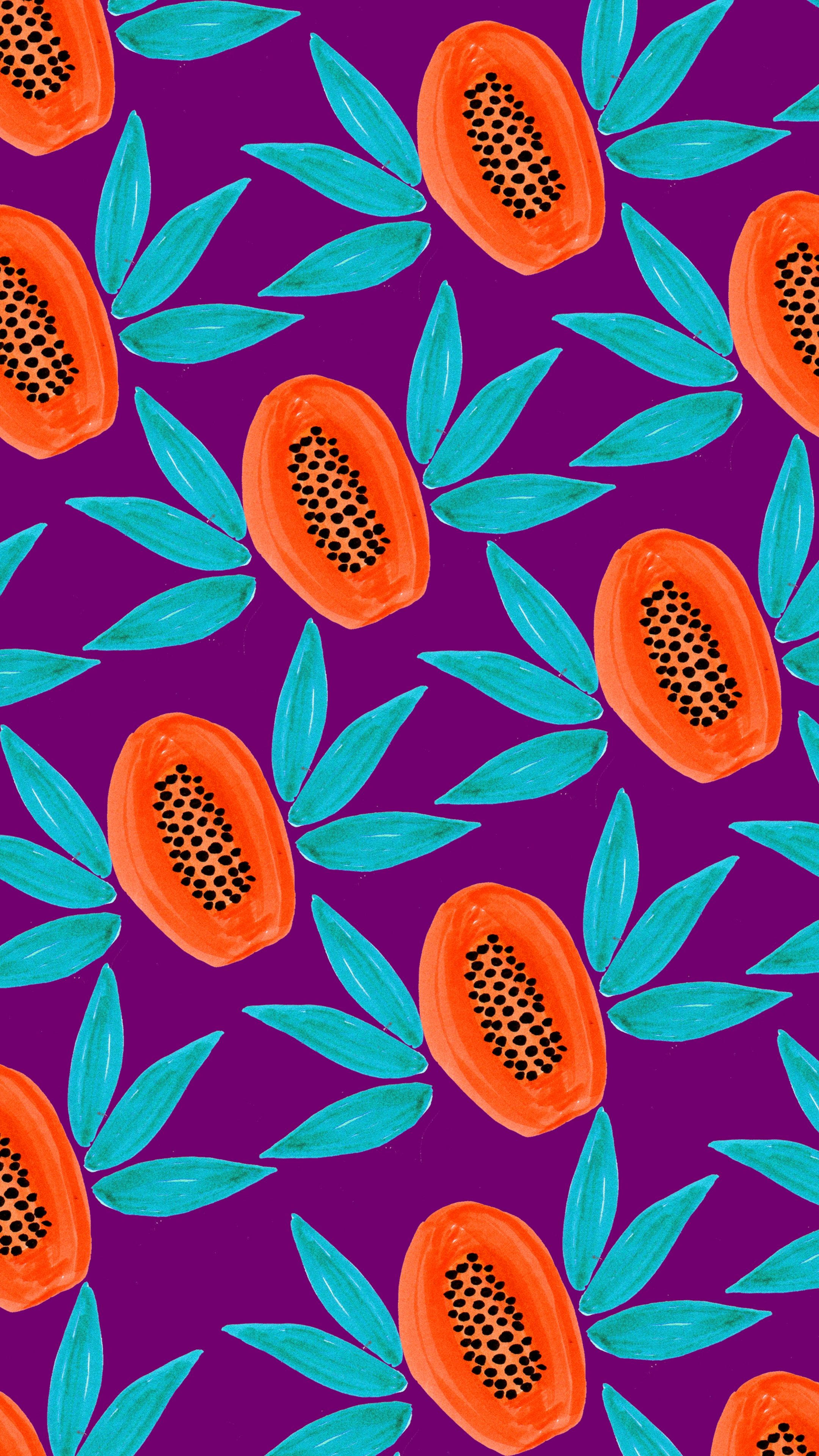 papaya fruits, teal leaves, deep purple background, 4K Phone Wallpaper