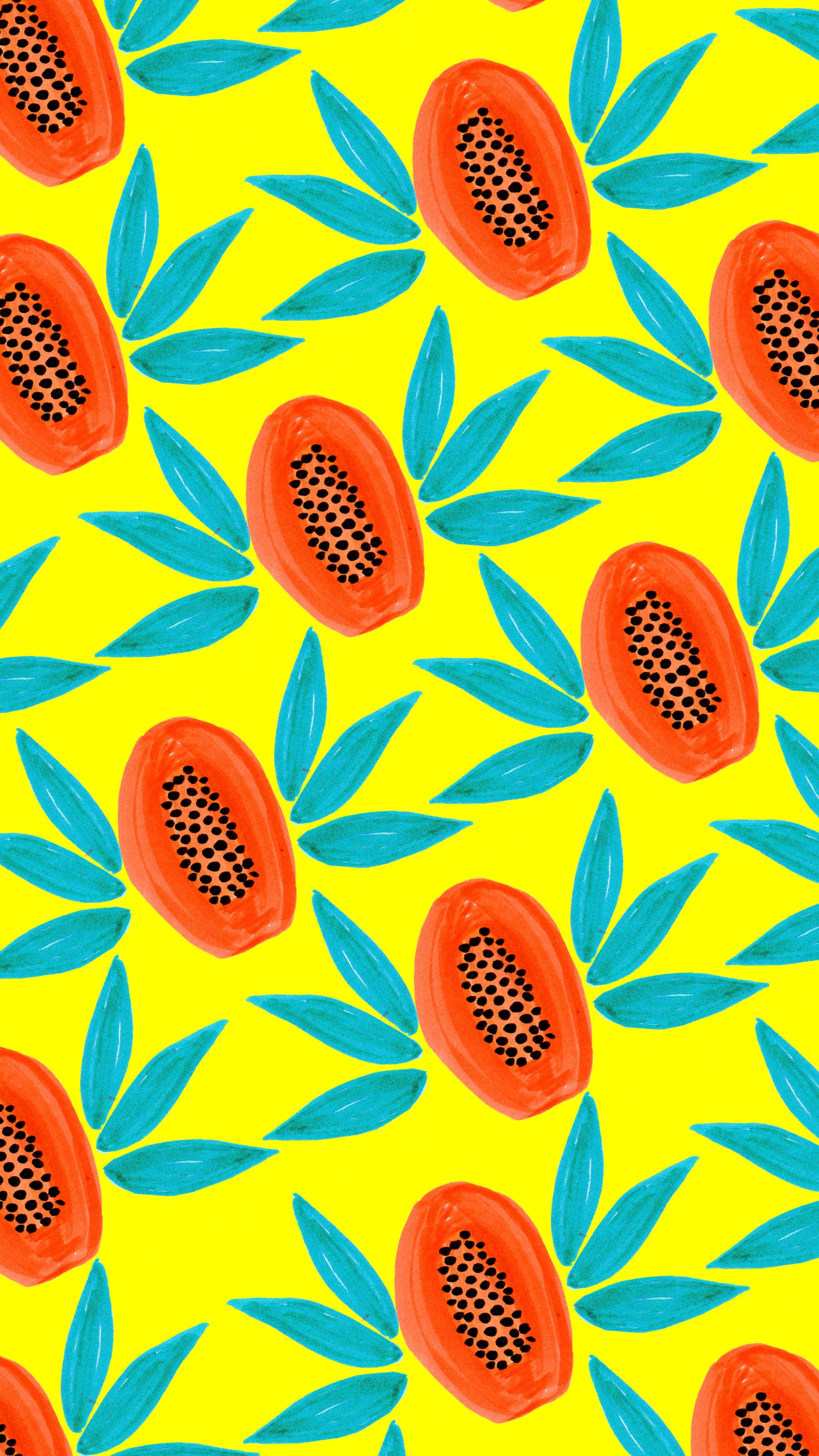 Papaya Fruits Seamless Pattern, vibrant yellow background, orange papaya slices, 4K Phone Wallpaper