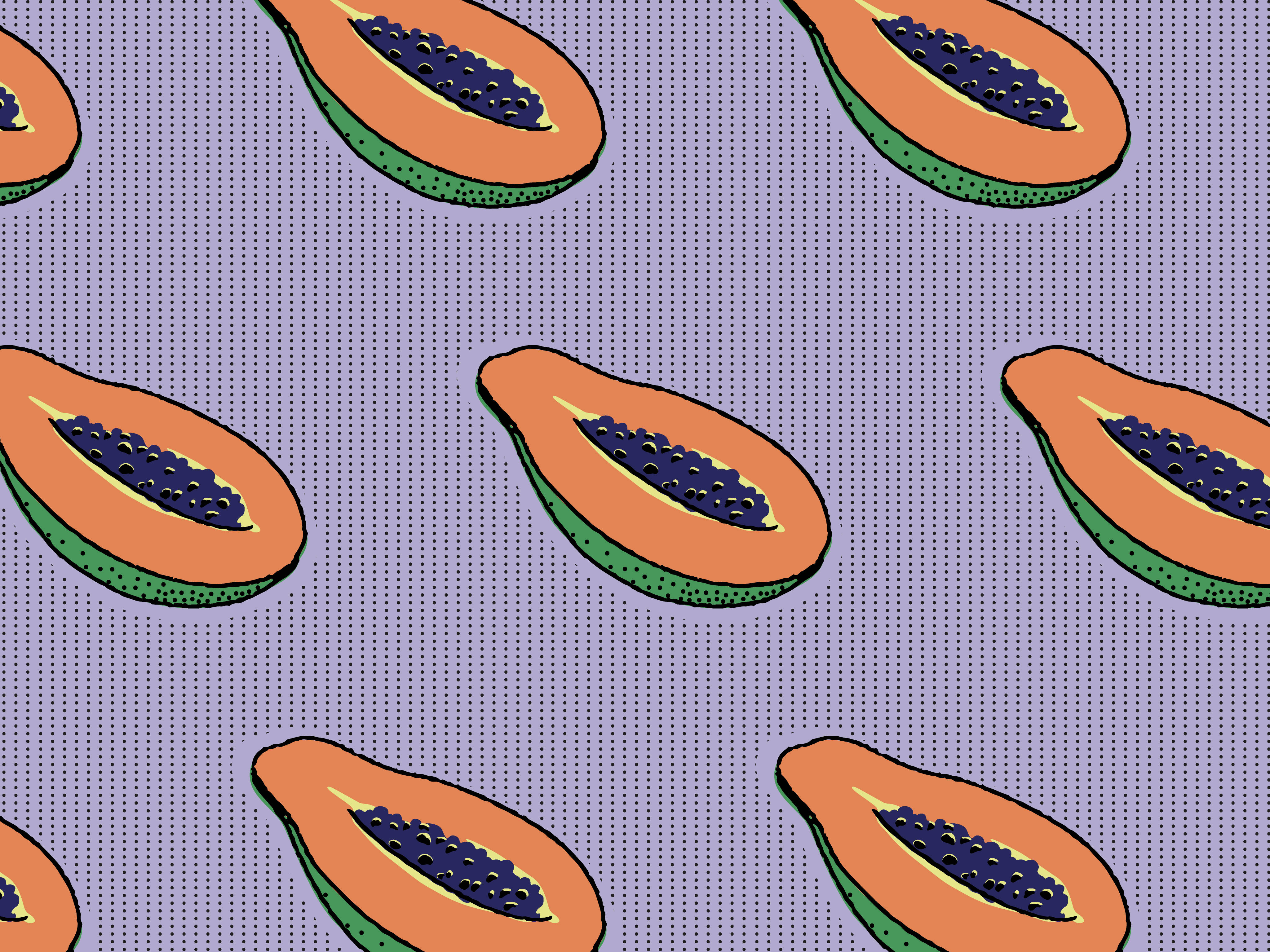 sliced papaya fruits, dark seeds, purple halftone background, 4K Desktop Wallpaper